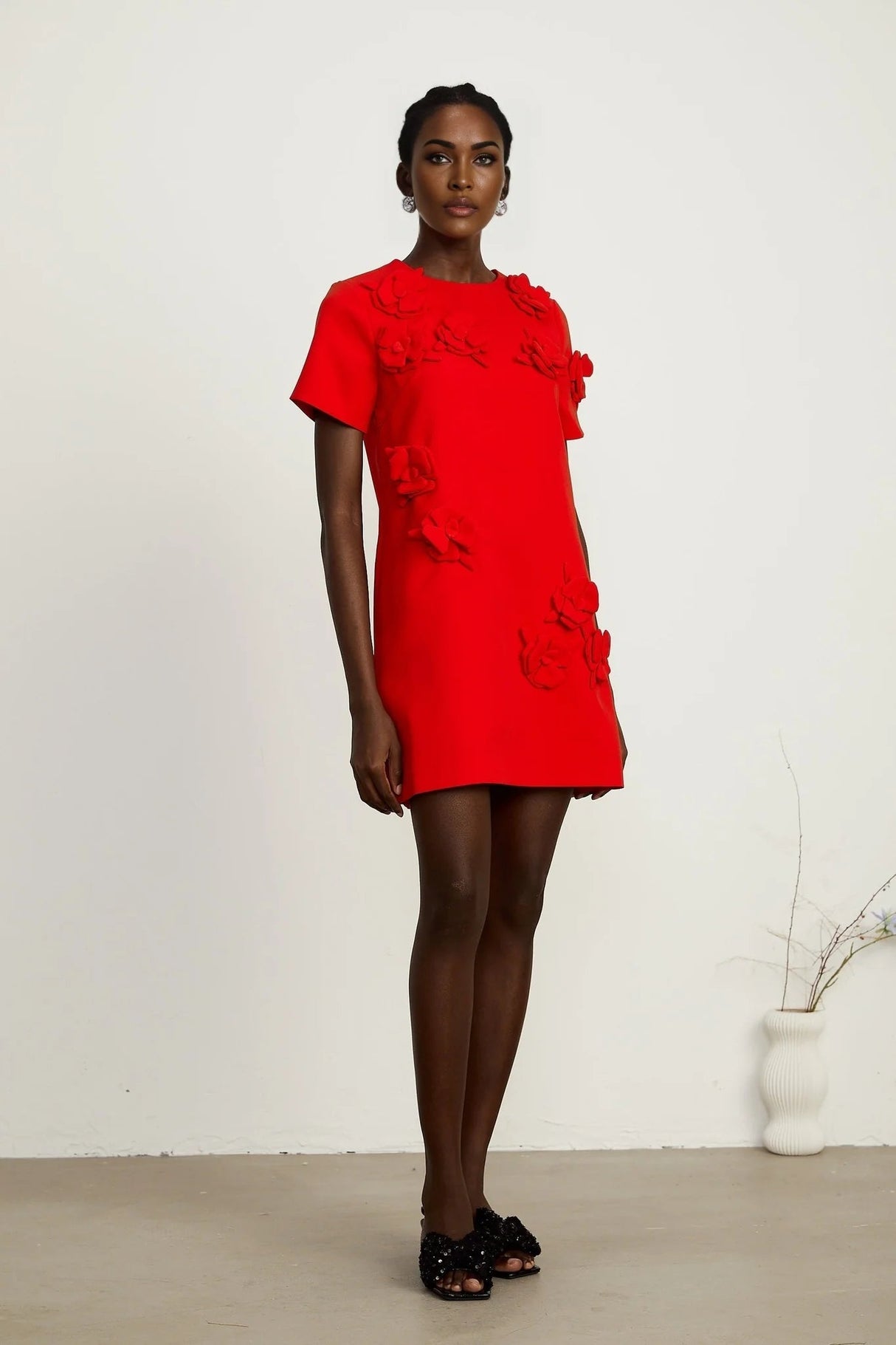 Mackenzie Mini Dress Red Floral Appliqu Short Sleeve Thigh Length