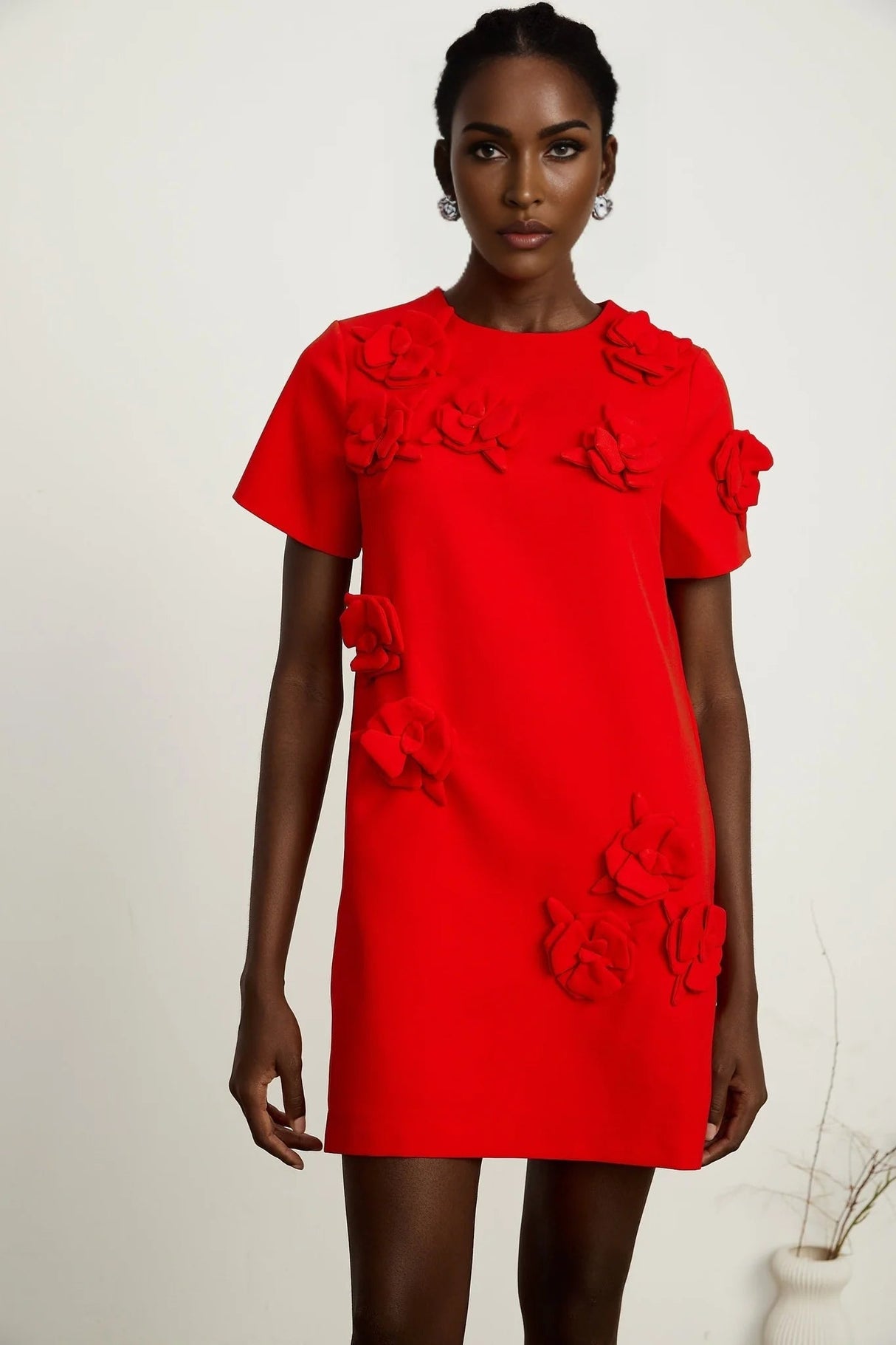 Mackenzie Mini Dress Red Floral Appliqu Short Sleeve Thigh Length