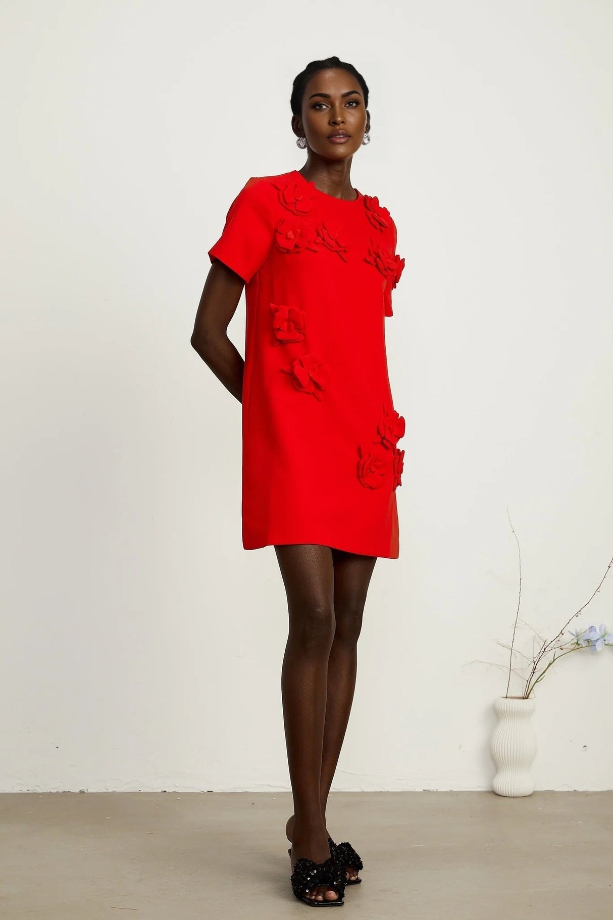 Mackenzie Mini Dress Red Floral Appliqu Short Sleeve Thigh Length