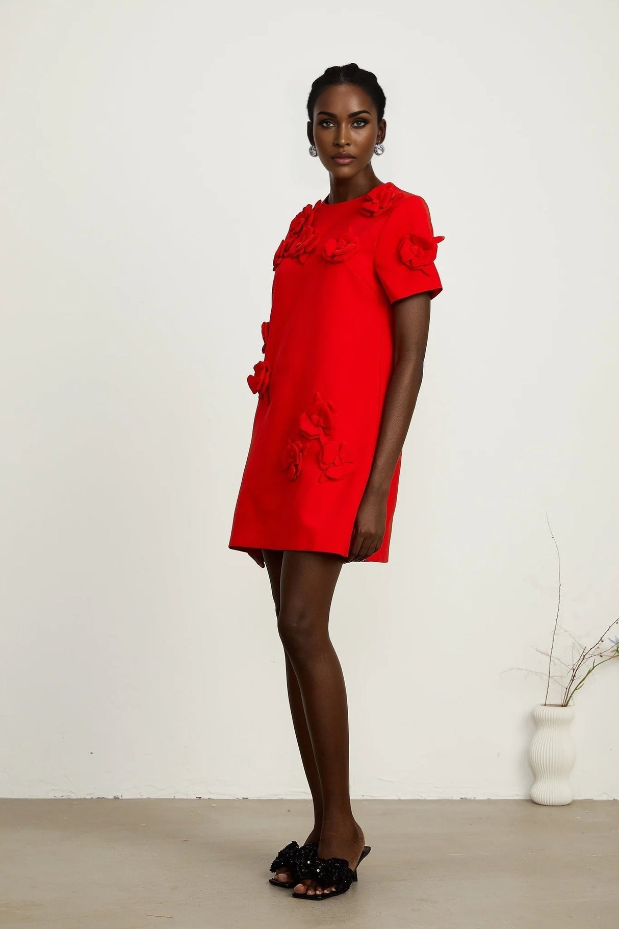 Mackenzie Mini Dress Red Floral Appliqu Short Sleeve Thigh Length