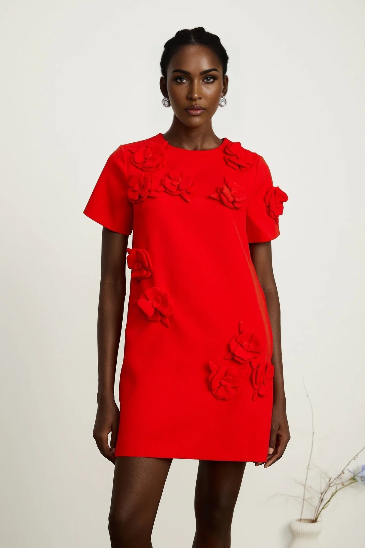 Mackenzie Mini Dress Red Floral Appliqu Short Sleeve Thigh Length