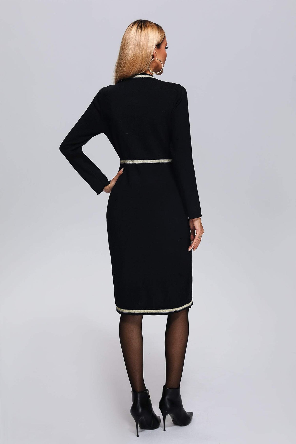Macy Black Knit Midi Dress with Button Detailing and Trim