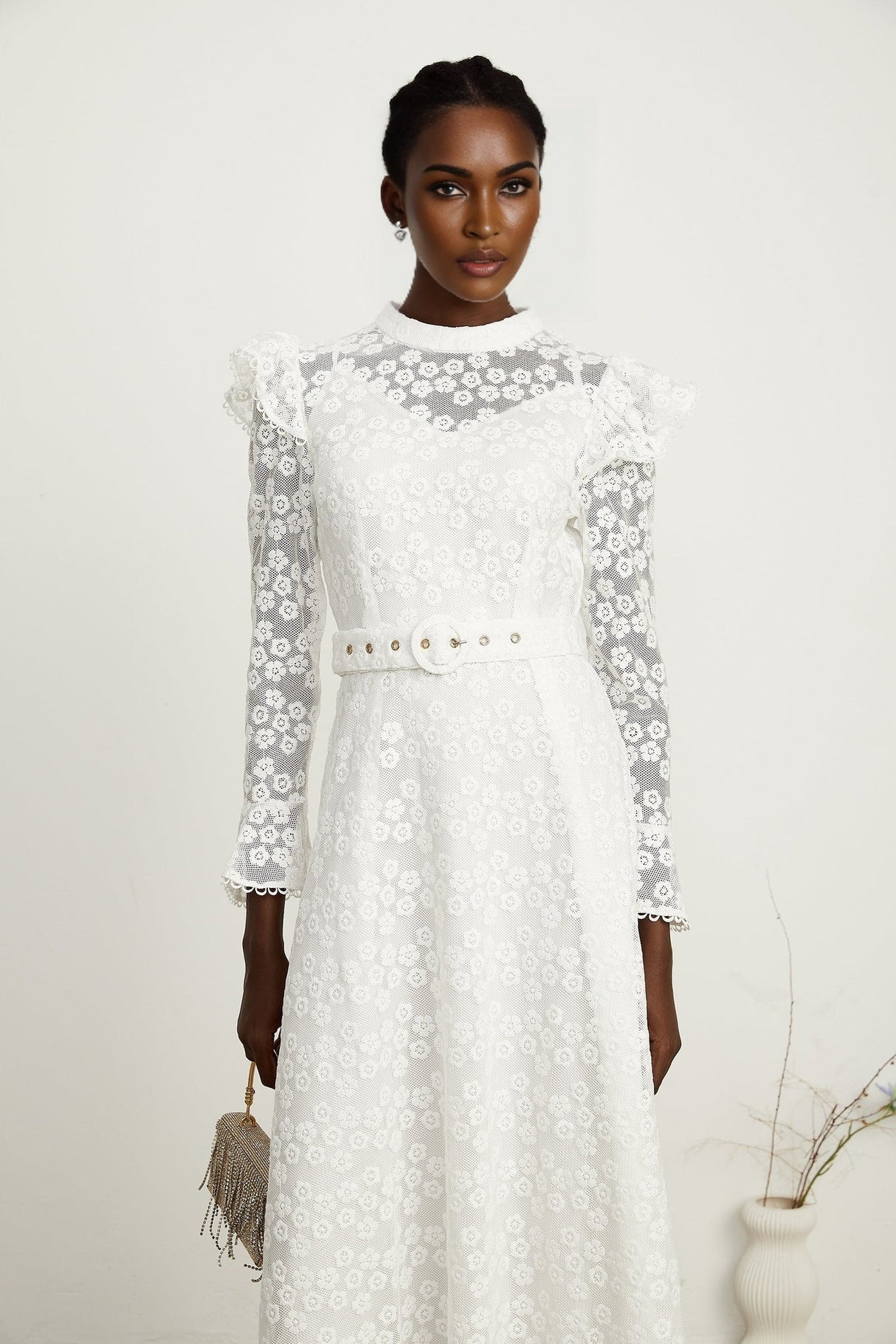 Macy Floral Midi Dress in Classic White with Embroidery & Detachable Waist Belt