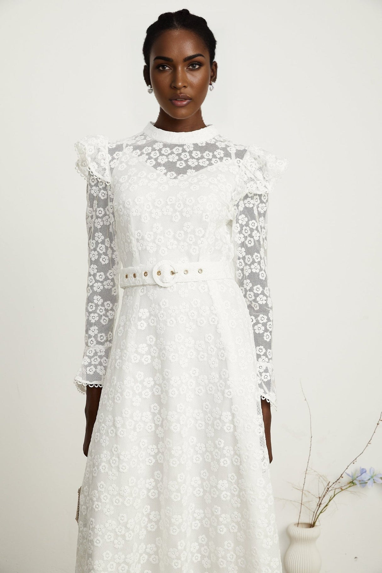 Macy Floral Midi Dress in Classic White with Embroidery & Detachable Waist Belt