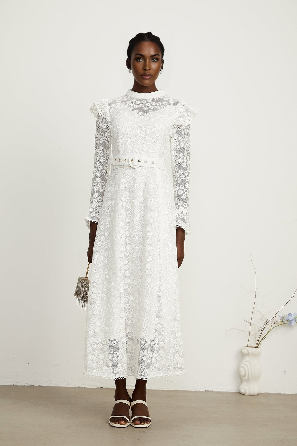 Macy Floral Midi Dress in Classic White with Embroidery & Detachable Waist Belt