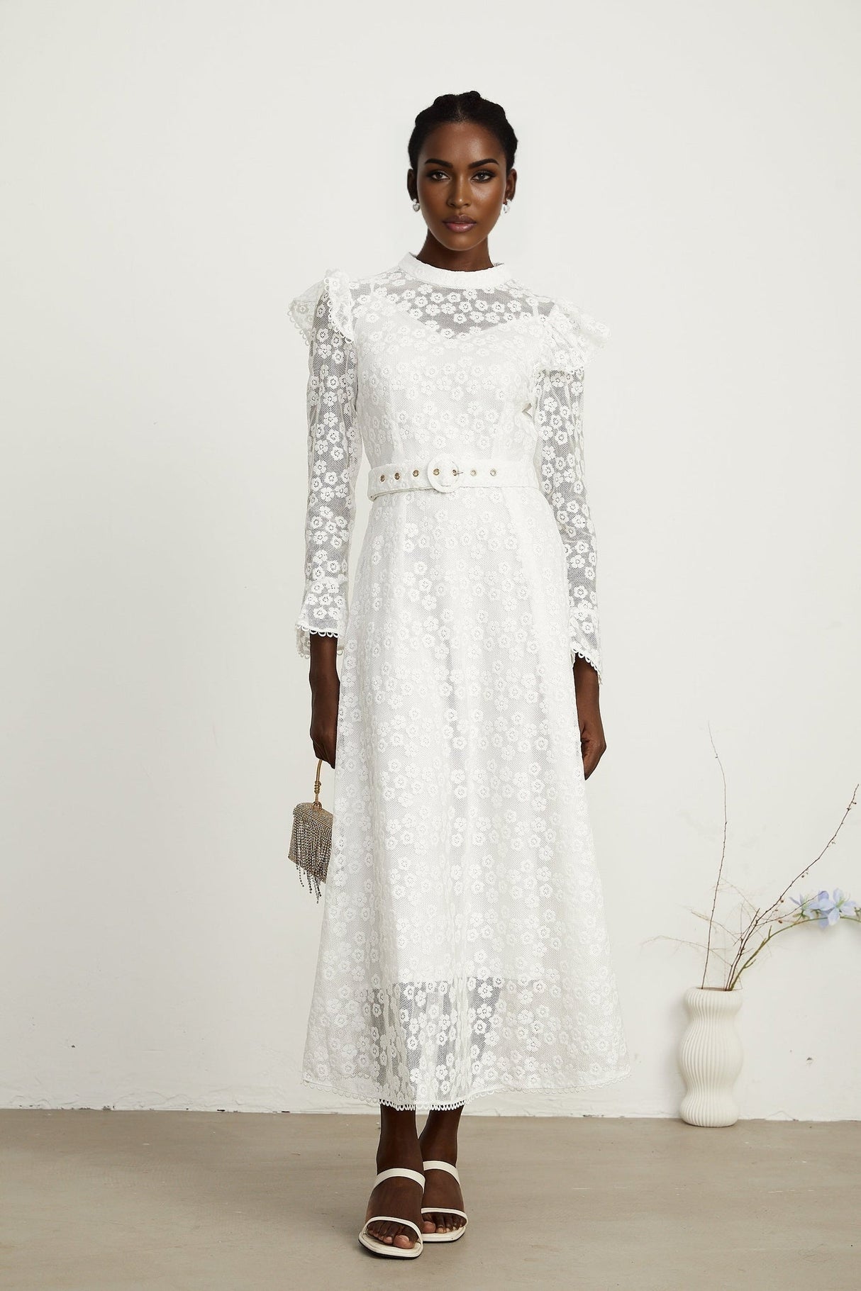 Macy Floral Midi Dress in Classic White with Embroidery & Detachable Waist Belt