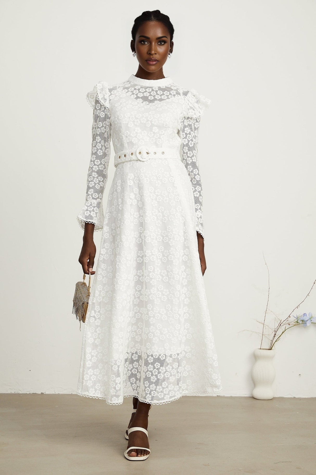 Macy Floral Midi Dress in Classic White with Embroidery & Detachable Waist Belt