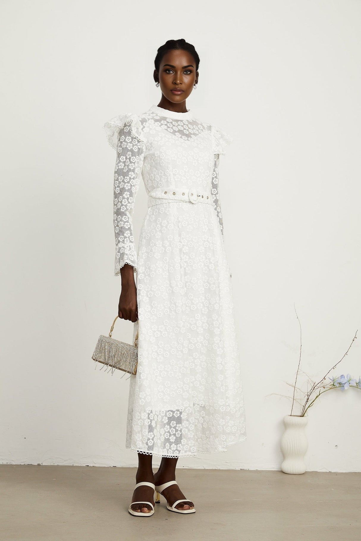 Macy Floral Midi Dress in Classic White with Embroidery & Detachable Waist Belt