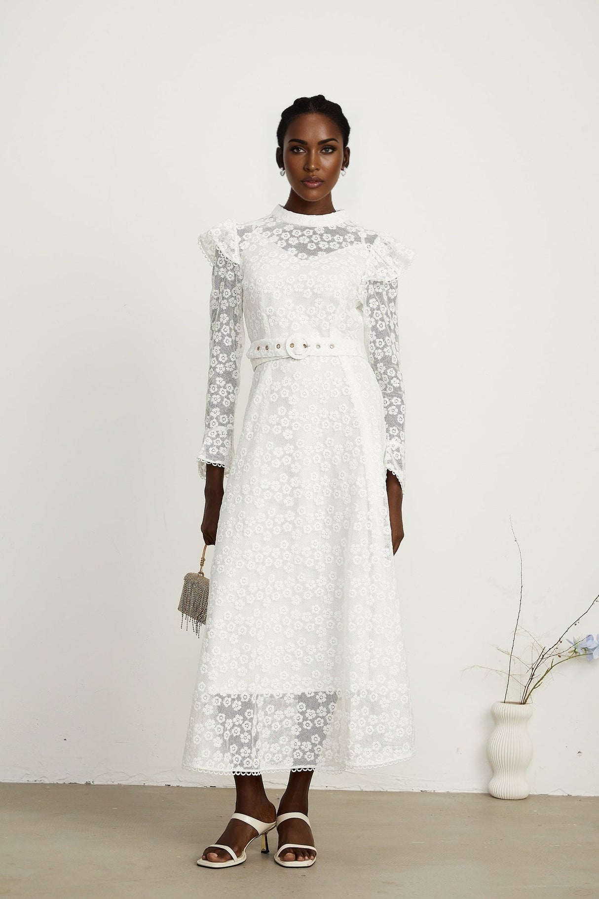 Macy Floral Midi Dress in Classic White with Embroidery & Detachable Waist Belt