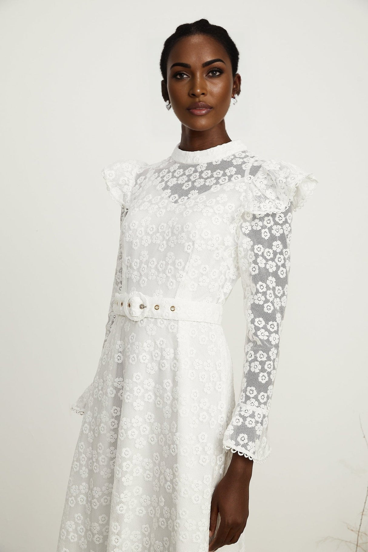 Macy Floral Midi Dress in Classic White with Embroidery & Detachable Waist Belt