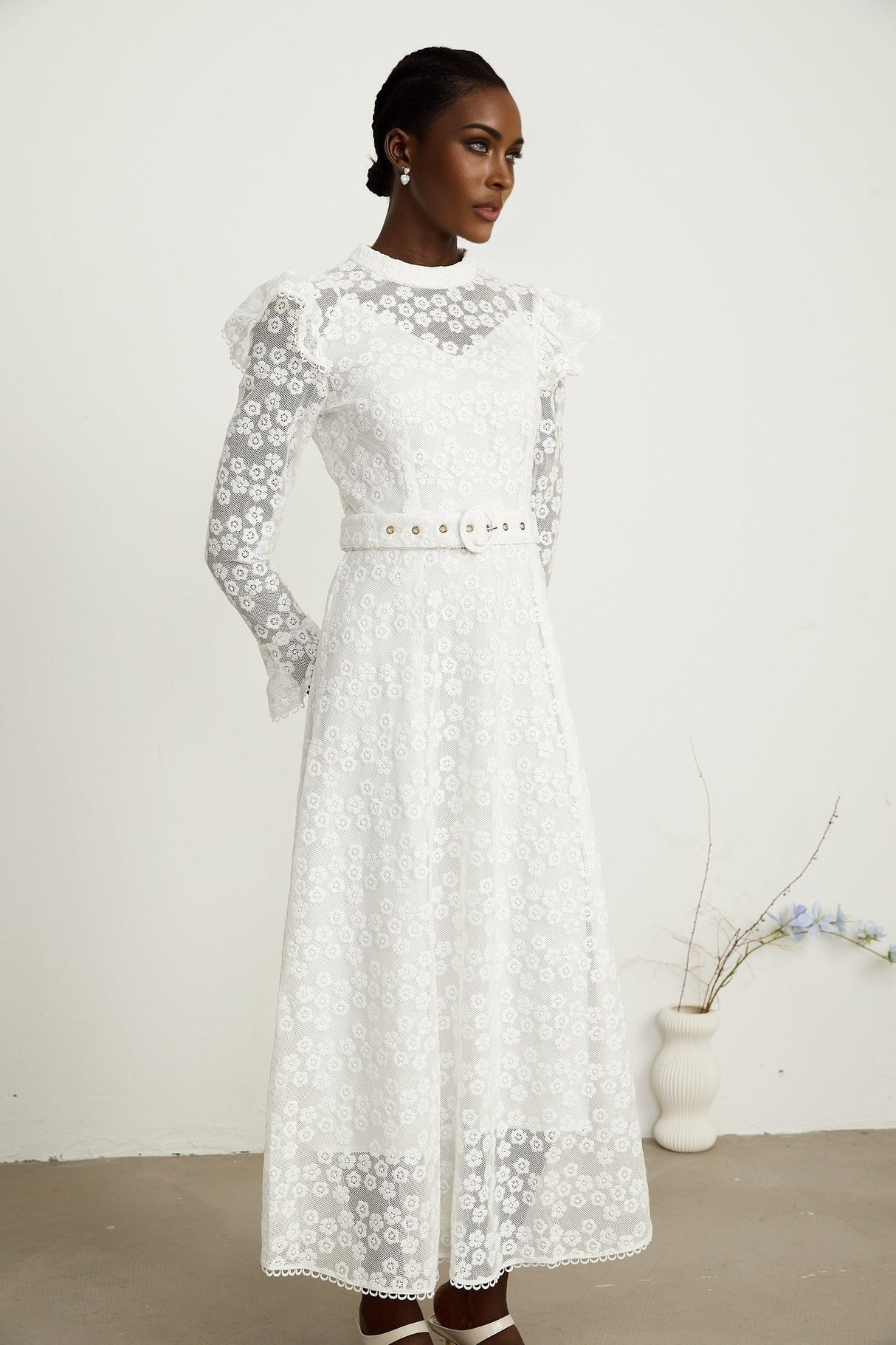 Macy Floral Midi Dress in Classic White with Embroidery & Detachable Waist Belt