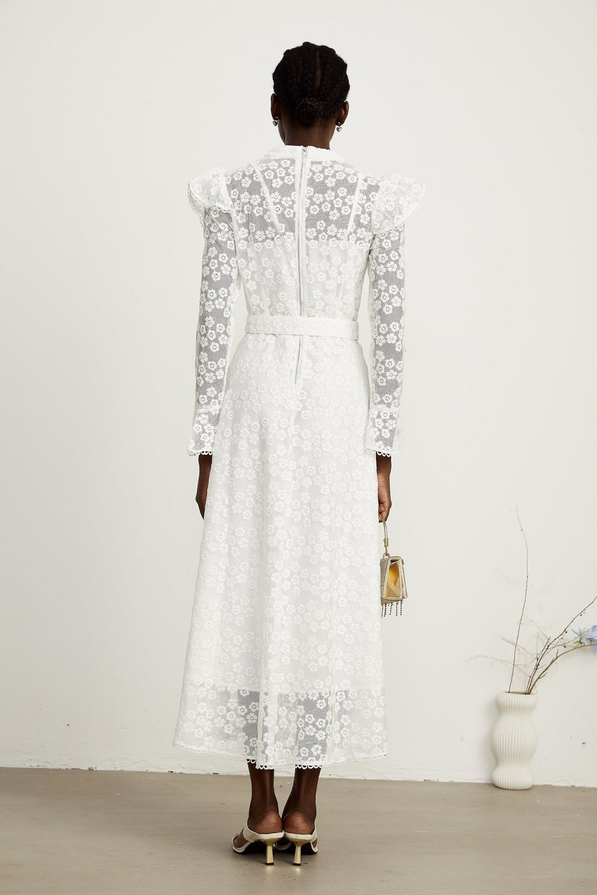 Macy Floral Midi Dress in Classic White with Embroidery & Detachable Waist Belt