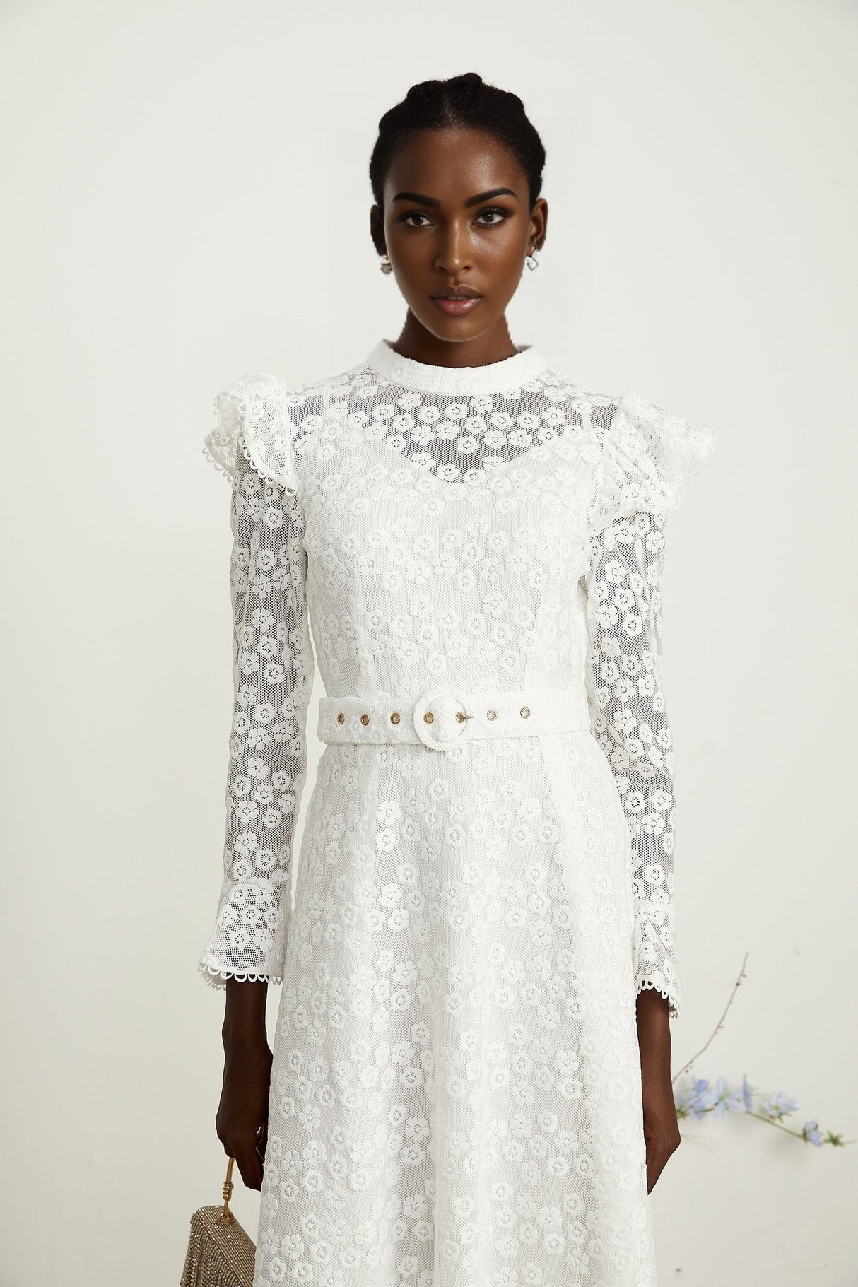 Macy Floral Midi Dress in Classic White with Embroidery & Detachable Waist Belt