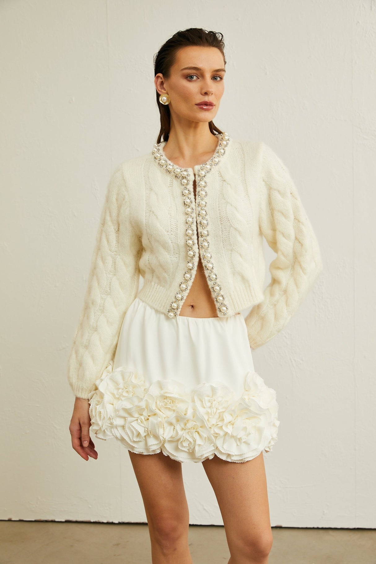 Macy Jacket - Round Neck - Long Sleeves - Faux - Pearl Embellishment - Cropped Length