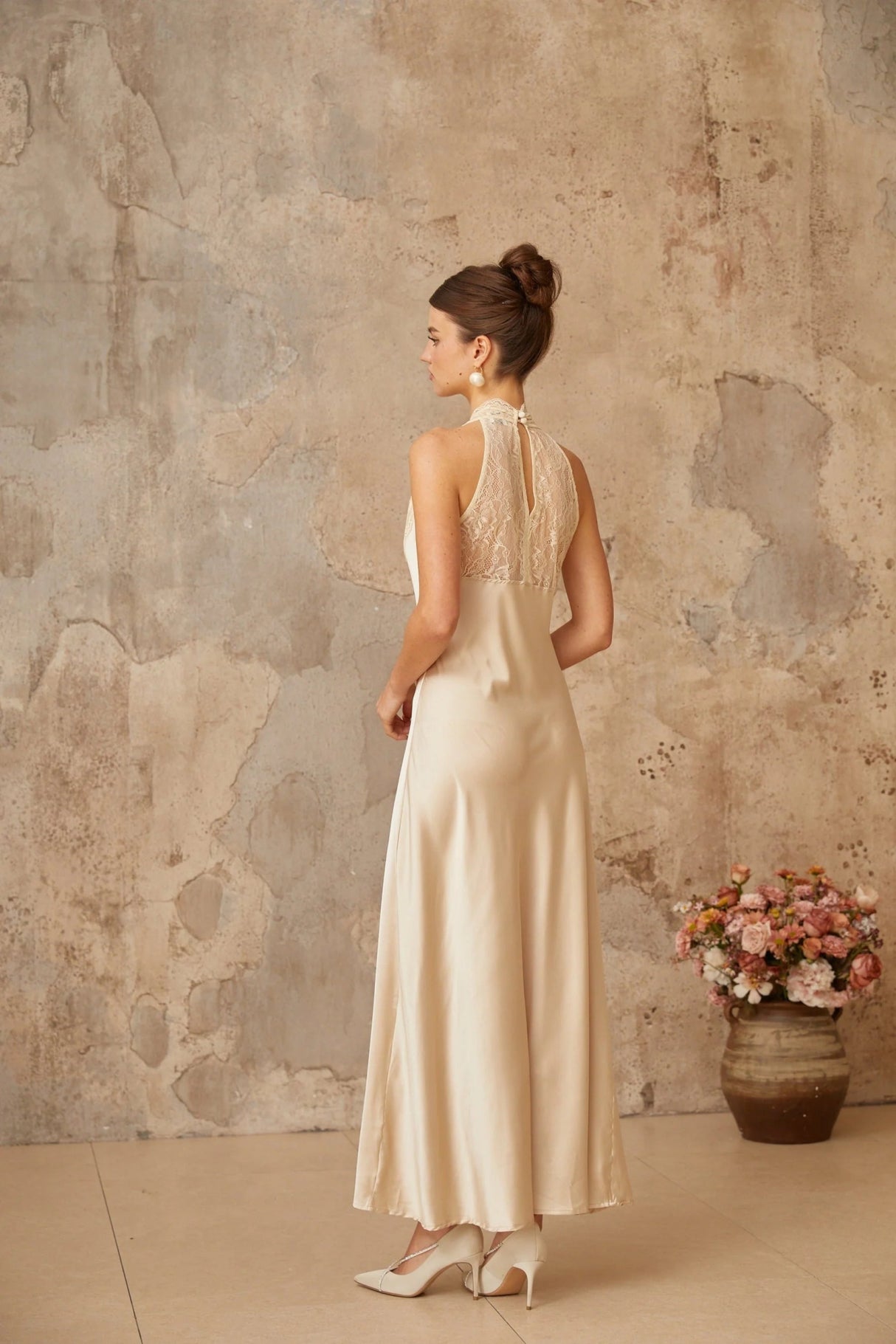 Macy Maxi Dress White Lace Trim Satin Elegant Silhouette Button Fastening