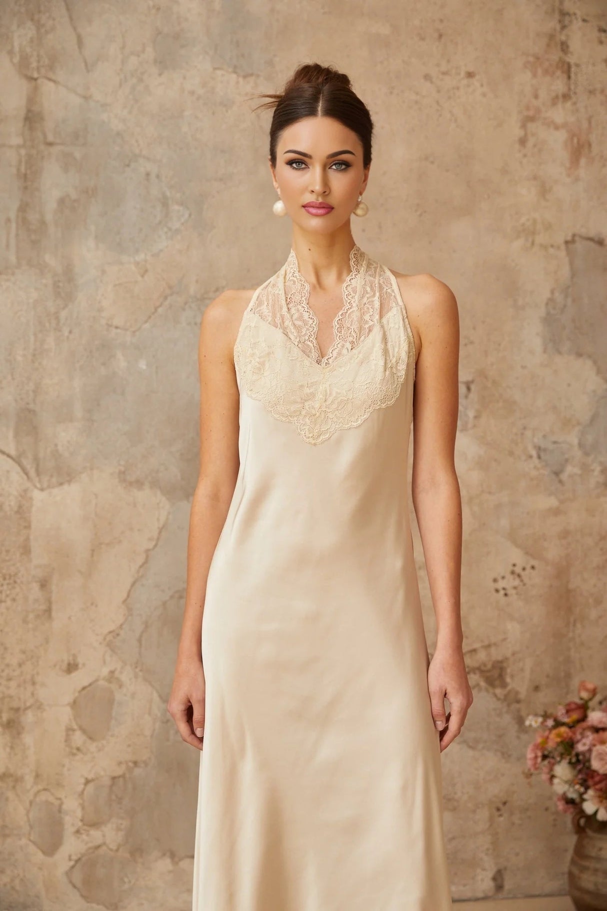 Macy Maxi Dress White Lace Trim Satin Elegant Silhouette Button Fastening