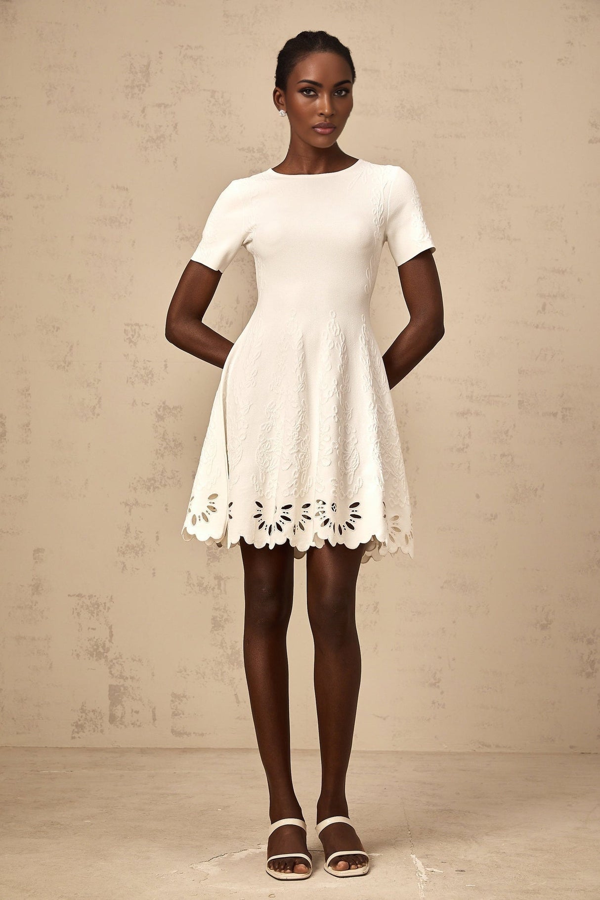 Macy Mini Dress Jacquard Cut Out Scallop Hem White