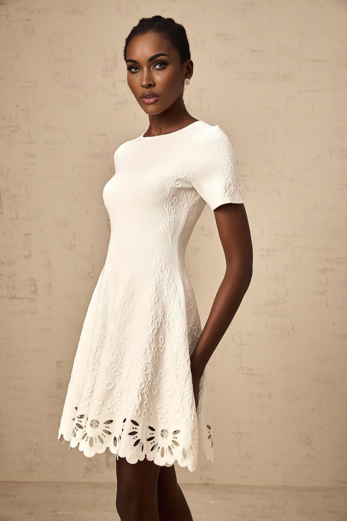 Macy Mini Dress Jacquard Cut Out Scallop Hem White