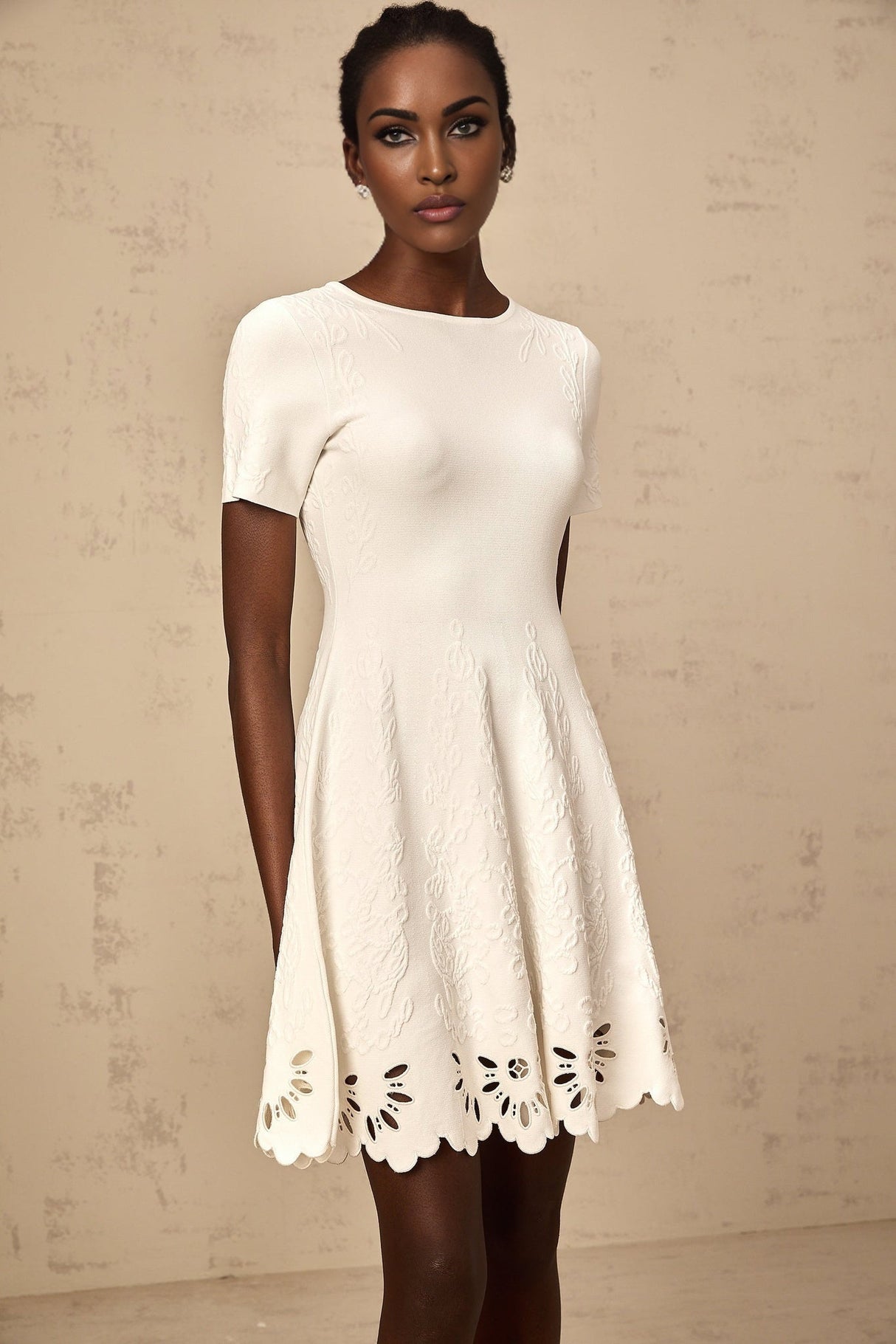 Macy Mini Dress Jacquard Cut Out Scallop Hem White