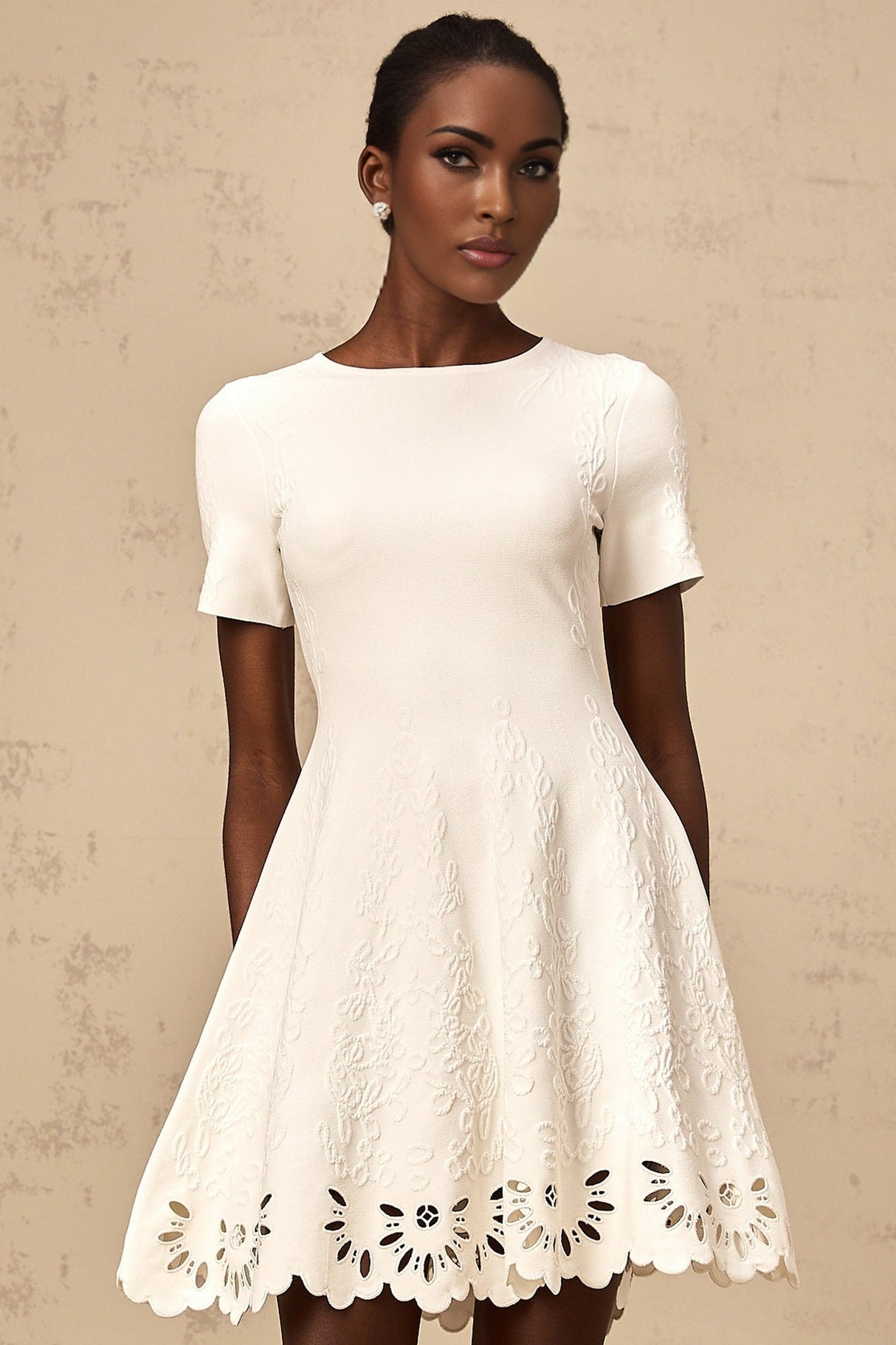 Macy Mini Dress Jacquard Cut Out Scallop Hem White