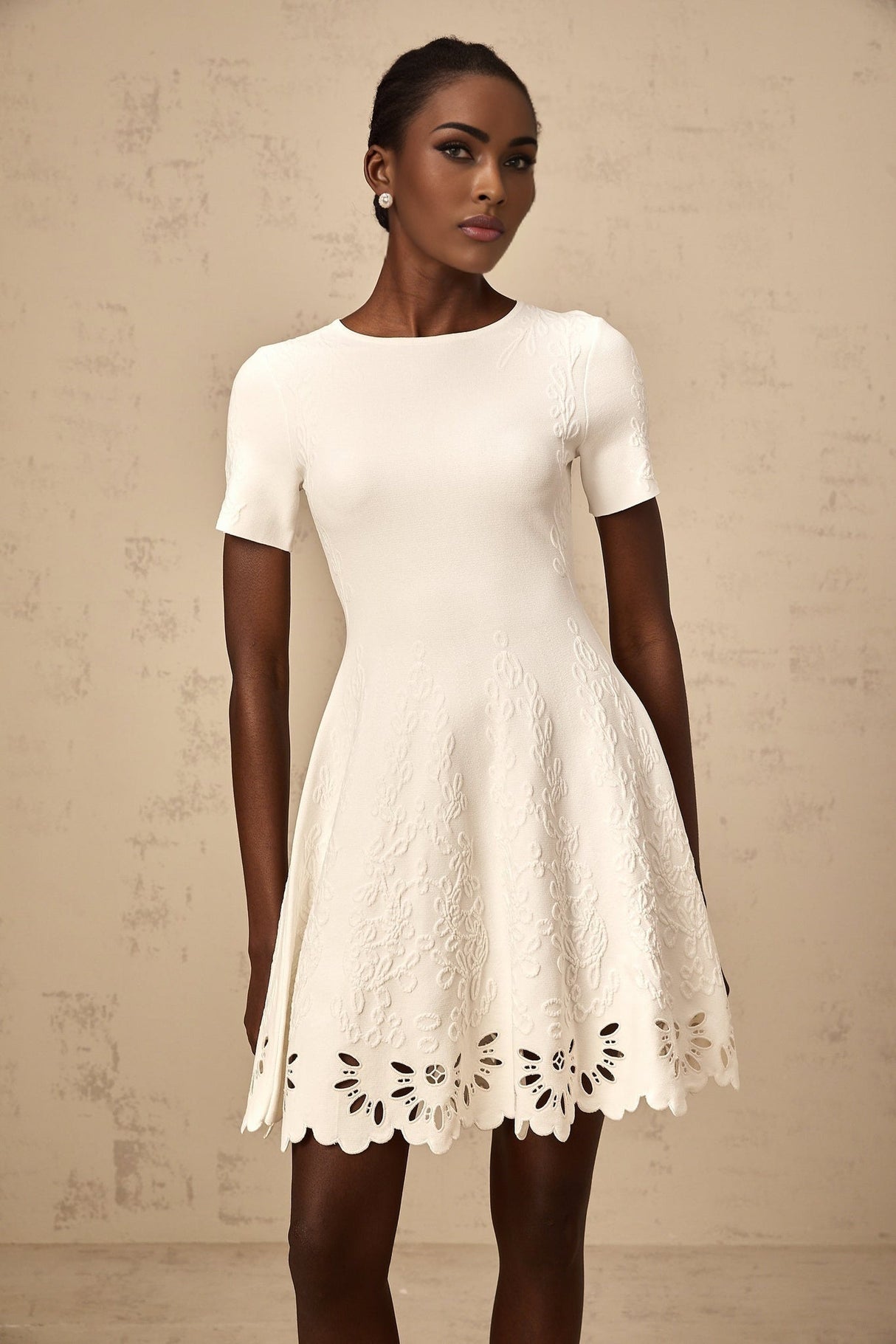 Macy Mini Dress Jacquard Cut Out Scallop Hem White