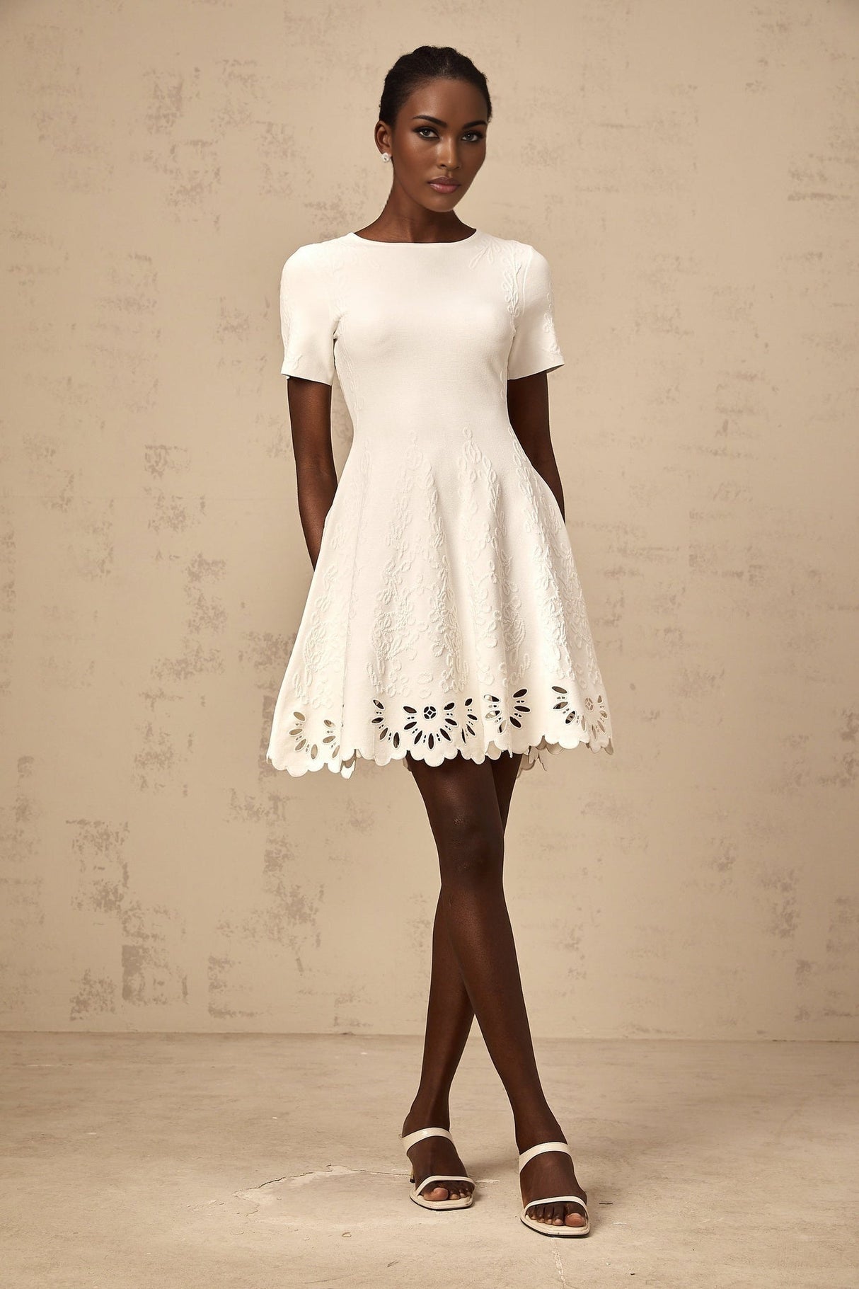 Macy Mini Dress Jacquard Cut Out Scallop Hem White