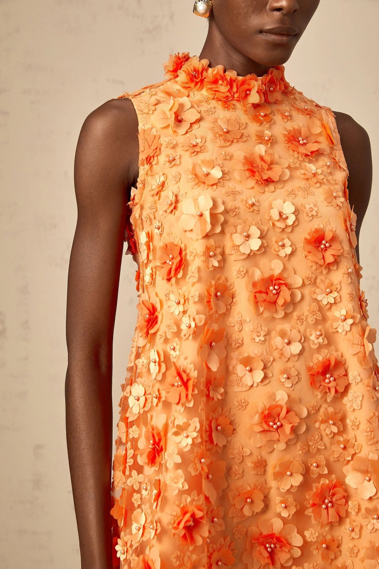 Macy Mini Dress Orange 3D Petal Bead Embellished Keyhole Mini - Length