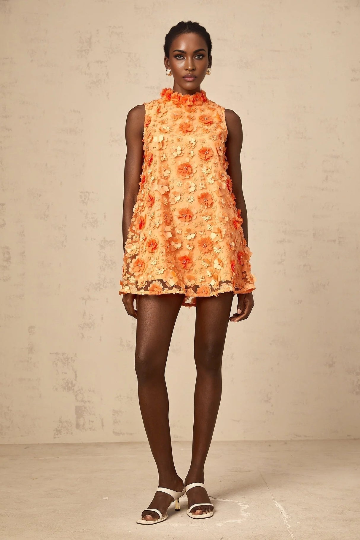 Macy Mini Dress Orange 3D Petal Bead Embellished Keyhole Mini - Length