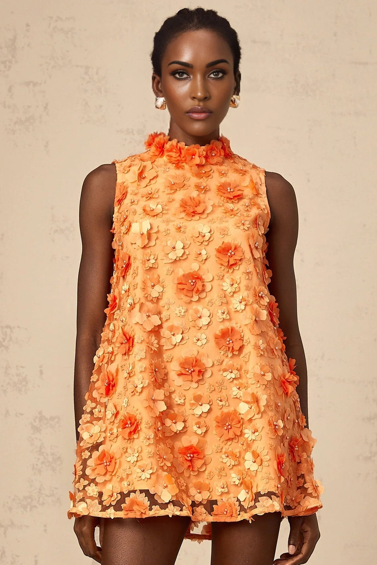 Macy Mini Dress Orange 3D Petal Bead Embellished Keyhole Mini - Length