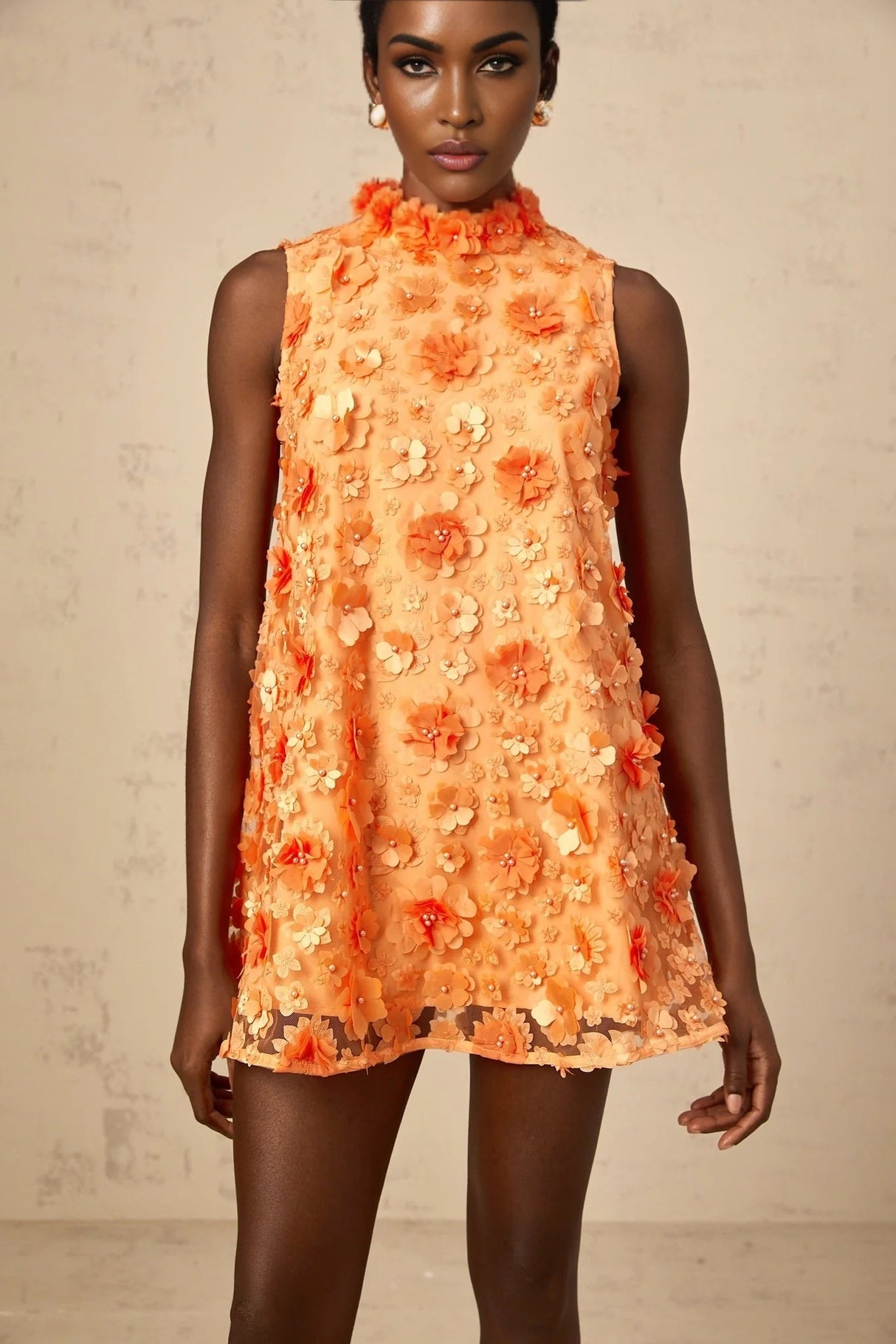 Macy Mini Dress Orange 3D Petal Bead Embellished Keyhole Mini - Length