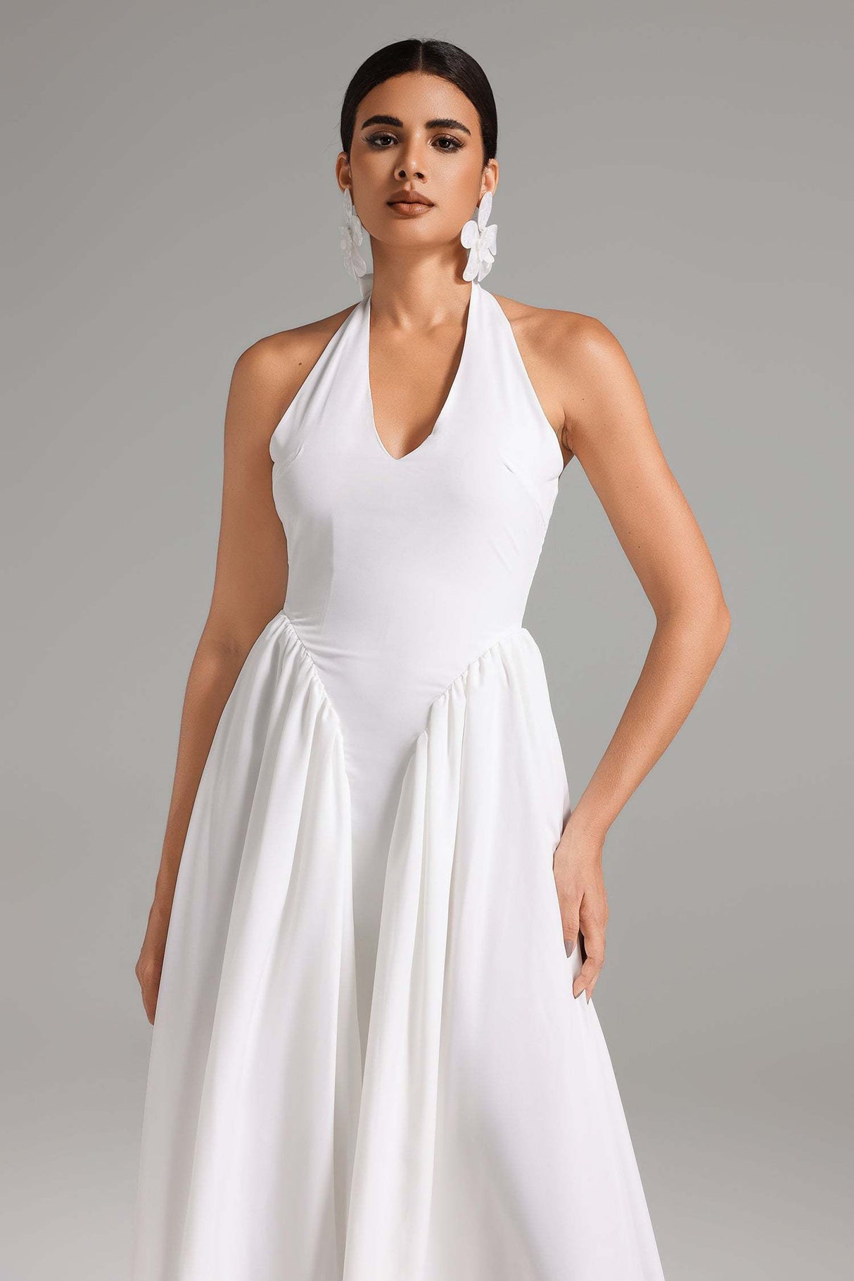 Macy White Halter Neck Maxi Dress V-Neckline Twist Waist Formal Evening Wedding Cocktail Party Gala