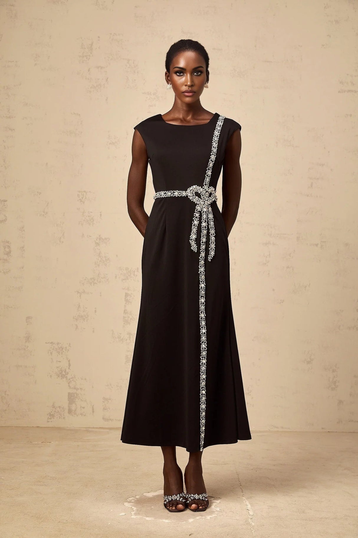 Madalynn Midi Dress Black Crystal Embellished Bowknot Mermaid Hem