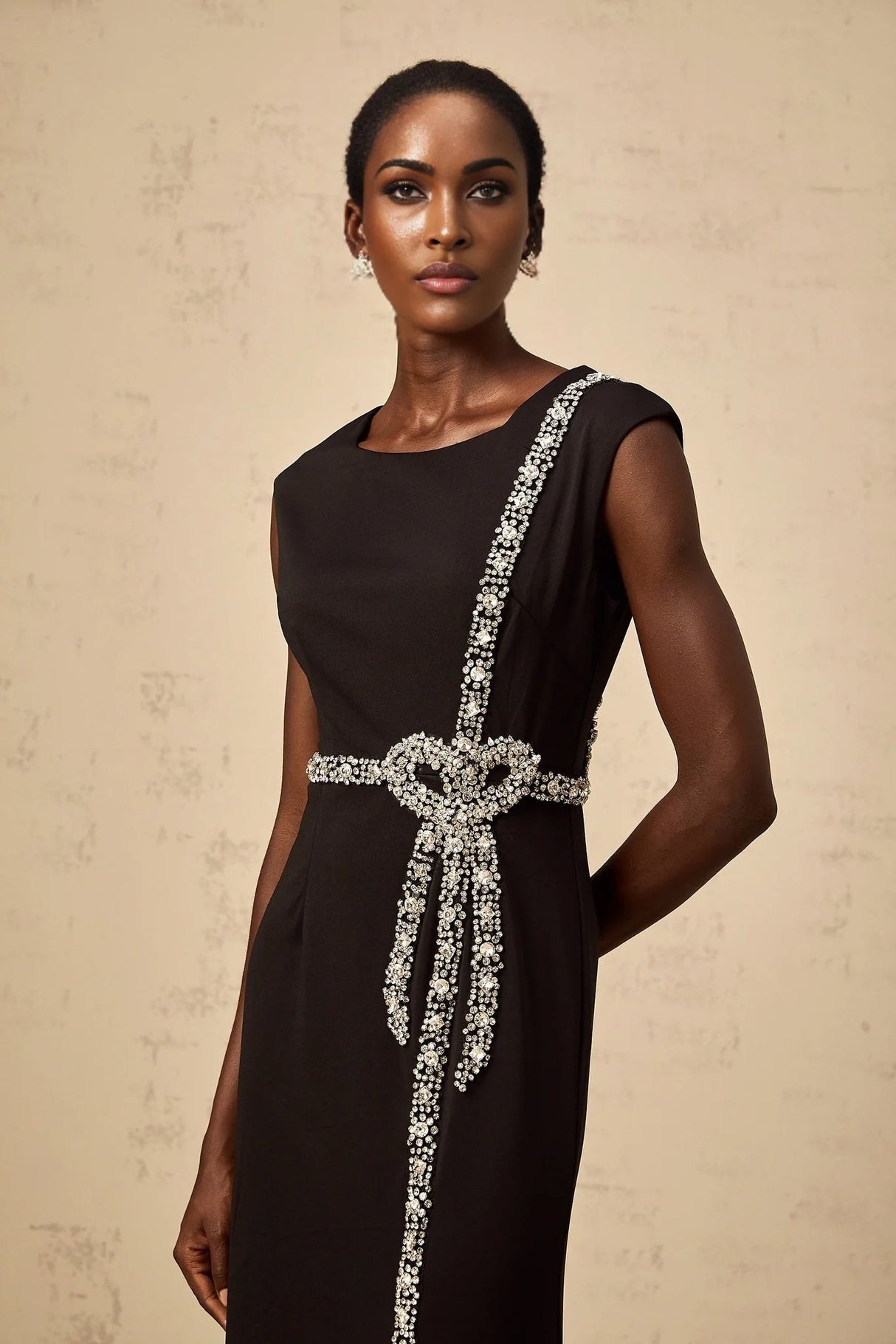 Madalynn Midi Dress Black Crystal Embellished Bowknot Mermaid Hem