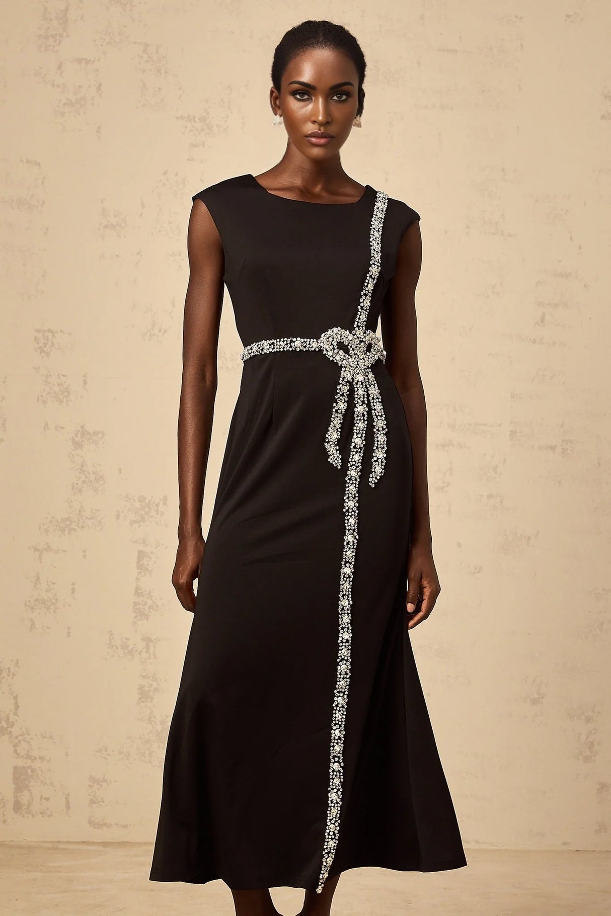 Madalynn Midi Dress Black Crystal Embellished Bowknot Mermaid Hem