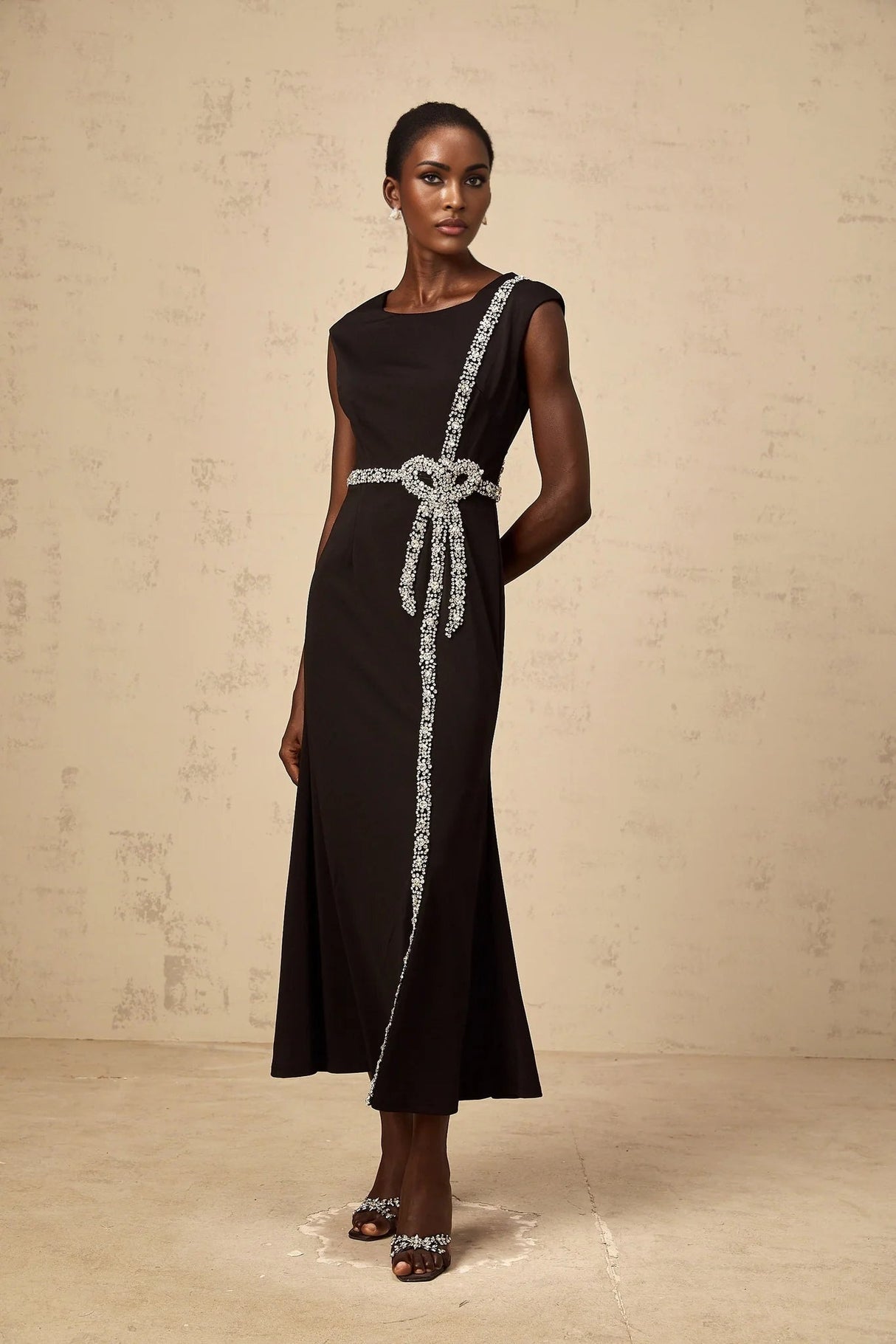 Madalynn Midi Dress Black Crystal Embellished Bowknot Mermaid Hem