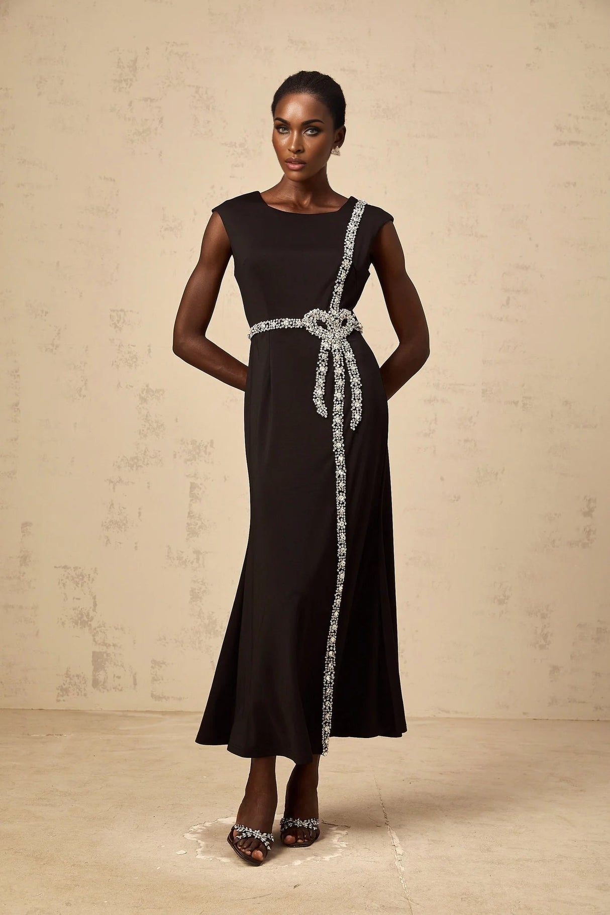 Madalynn Midi Dress Black Crystal Embellished Bowknot Mermaid Hem