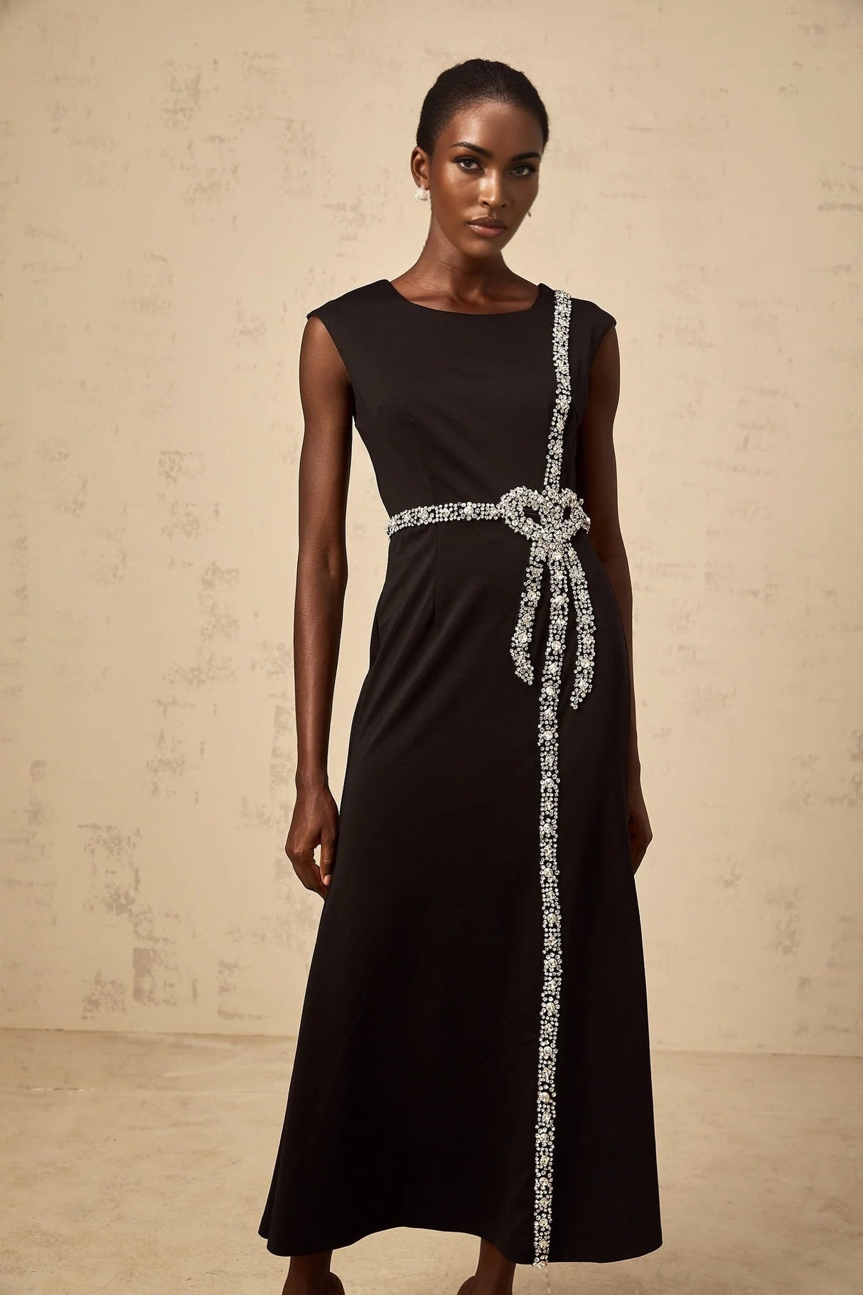 Madalynn Midi Dress Black Crystal Embellished Bowknot Mermaid Hem