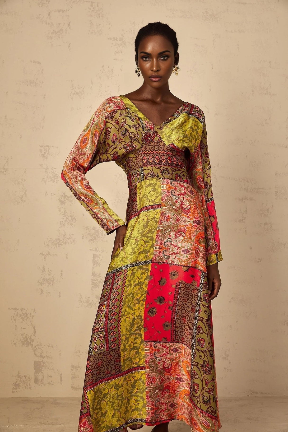 Madalynn Midi Dress Green Pattern Print Flared Maxi Womens