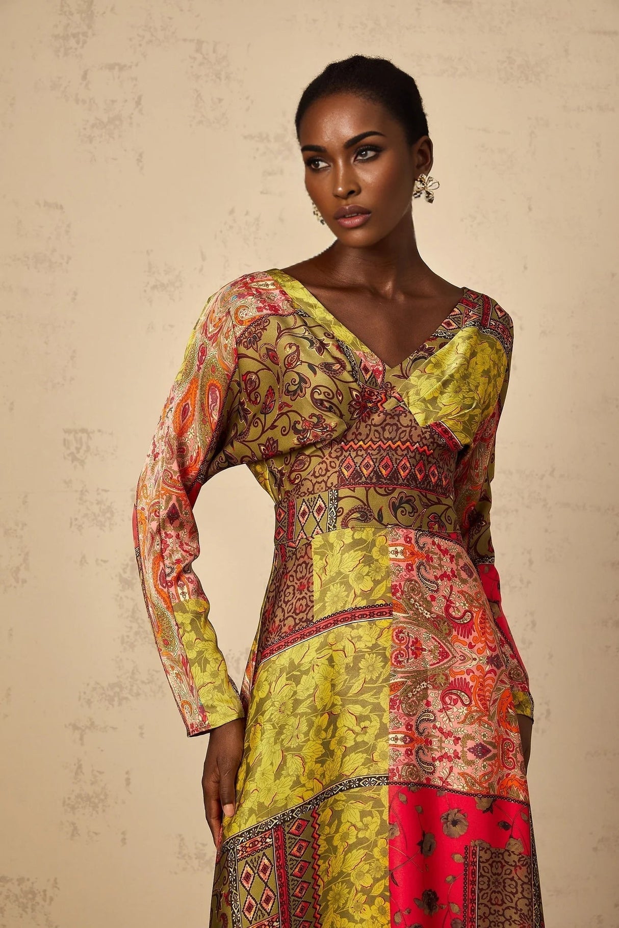 Madalynn Midi Dress Green Pattern Print Flared Maxi Womens