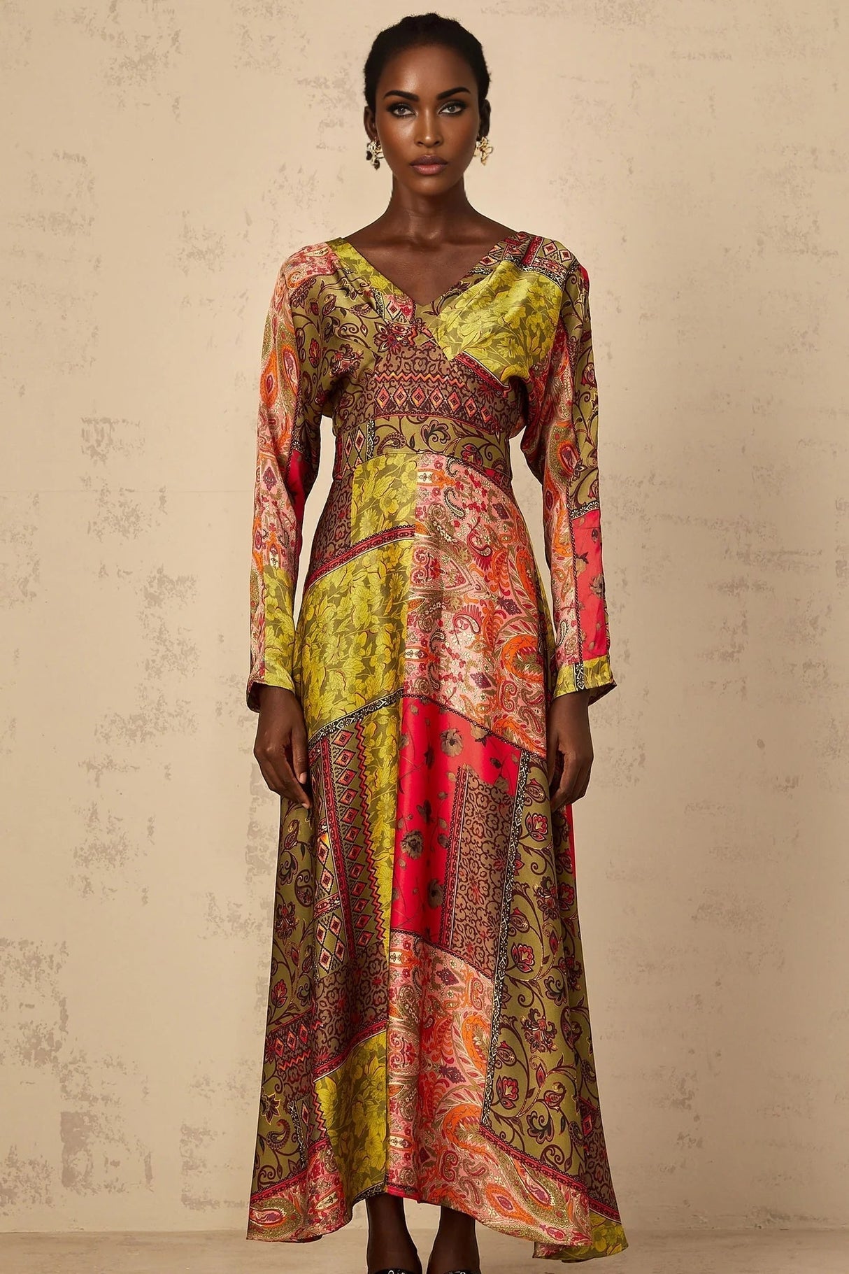 Madalynn Midi Dress Green Pattern Print Flared Maxi Womens