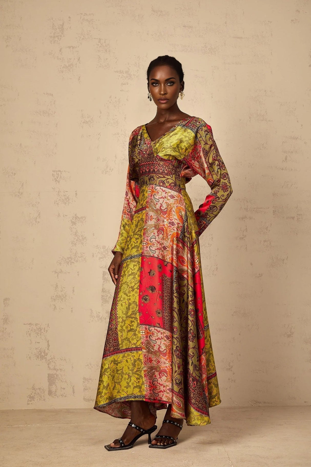 Madalynn Midi Dress Green Pattern Print Flared Maxi Womens