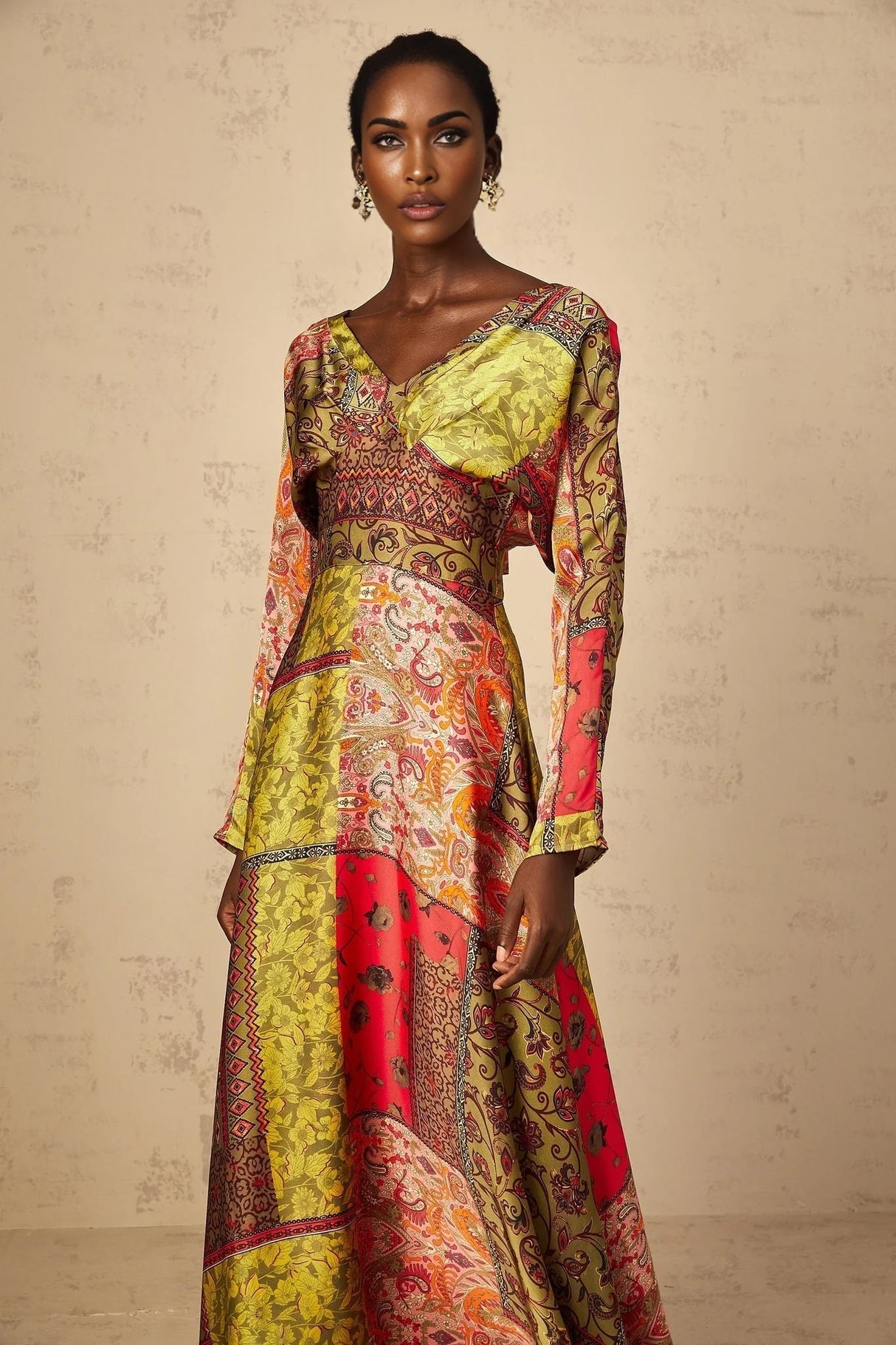 Madalynn Midi Dress Green Pattern Print Flared Maxi Womens