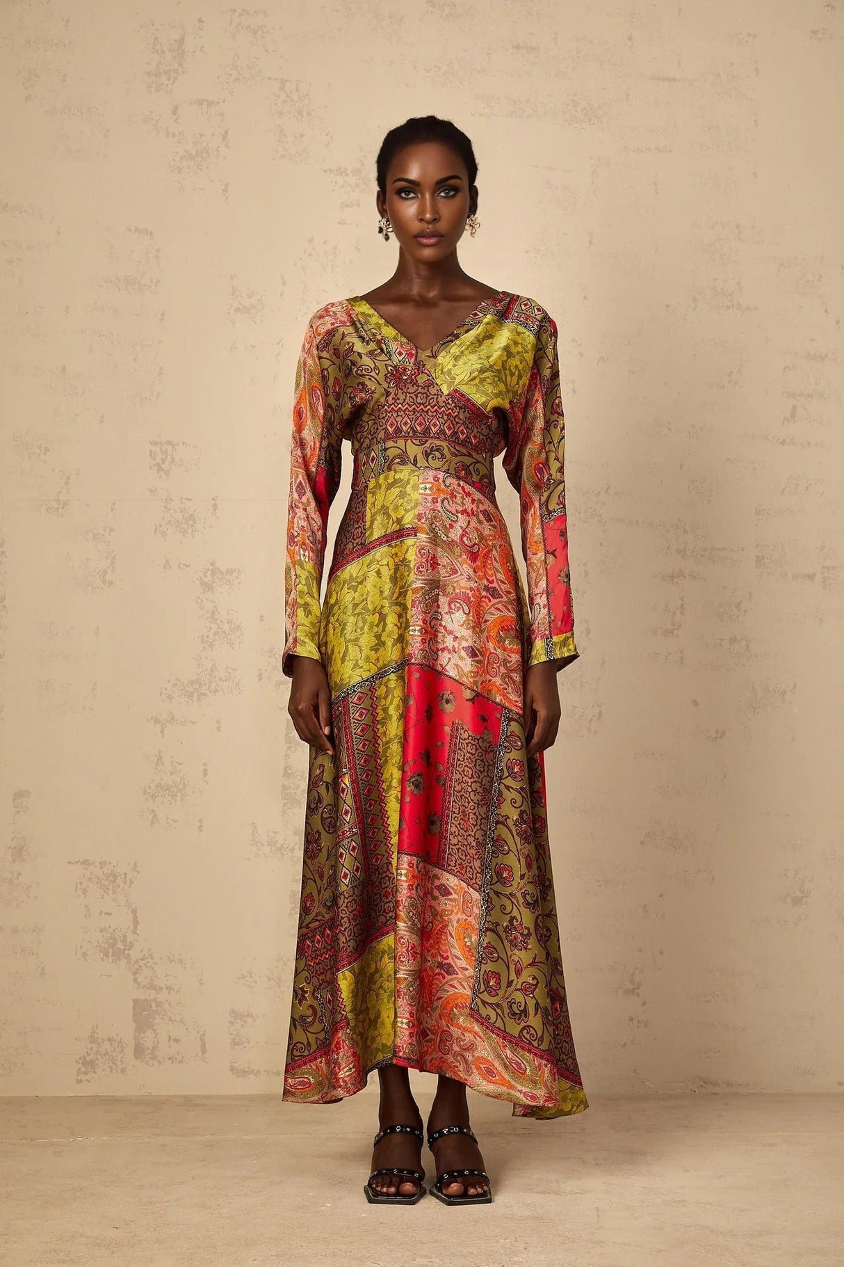 Madalynn Midi Dress Green Pattern Print Flared Maxi Womens