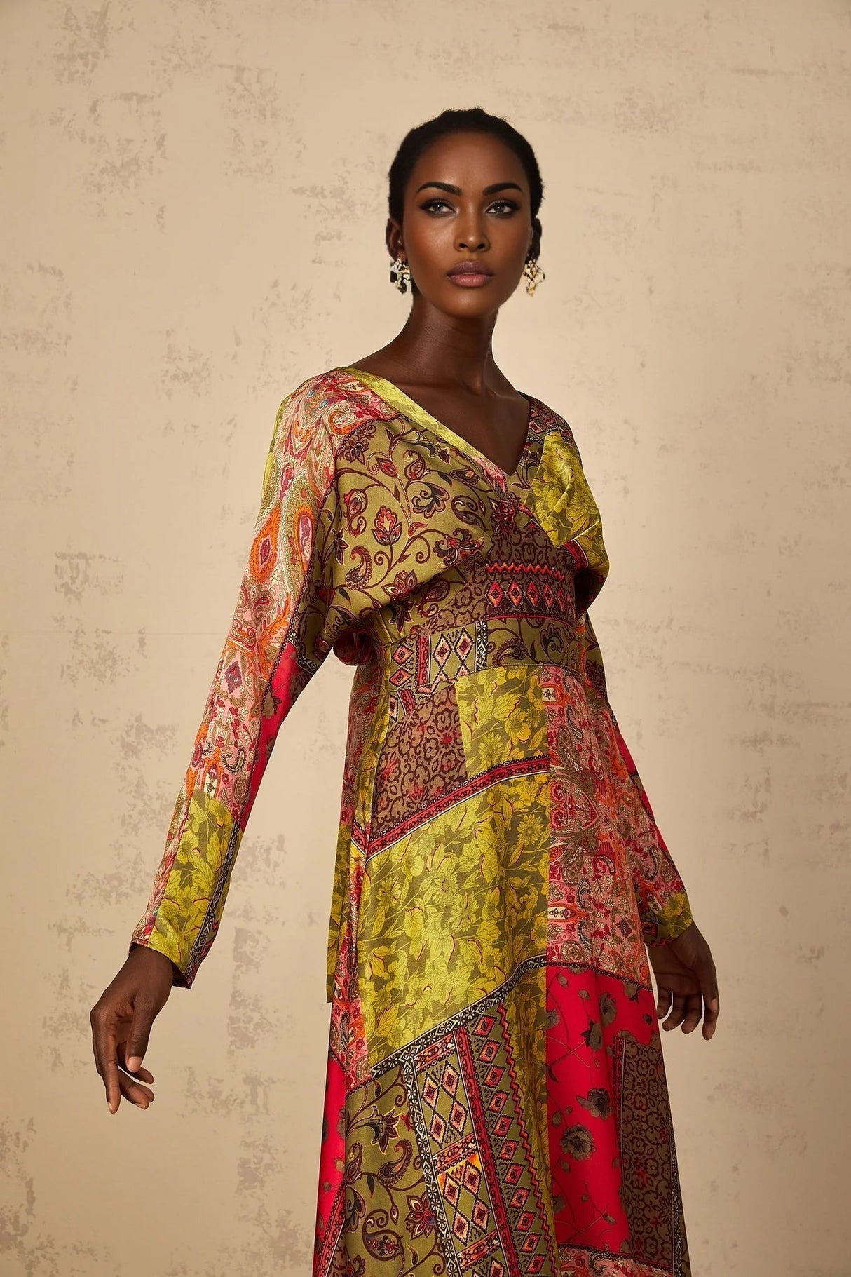 Madalynn Midi Dress Green Pattern Print Flared Maxi Womens