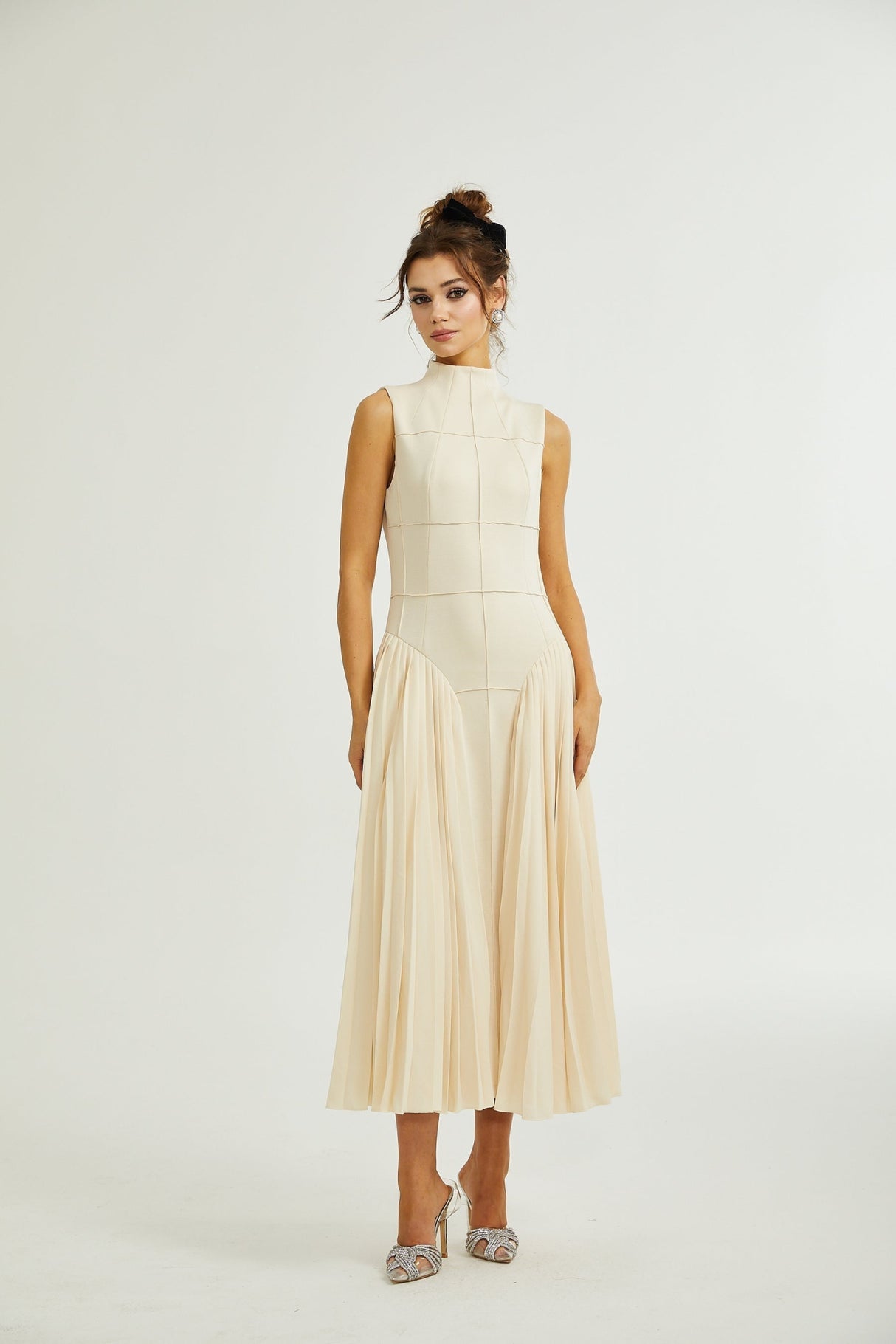 Madalynn Sleeveless Mock Neck Pleated Knitted Midi Dress
