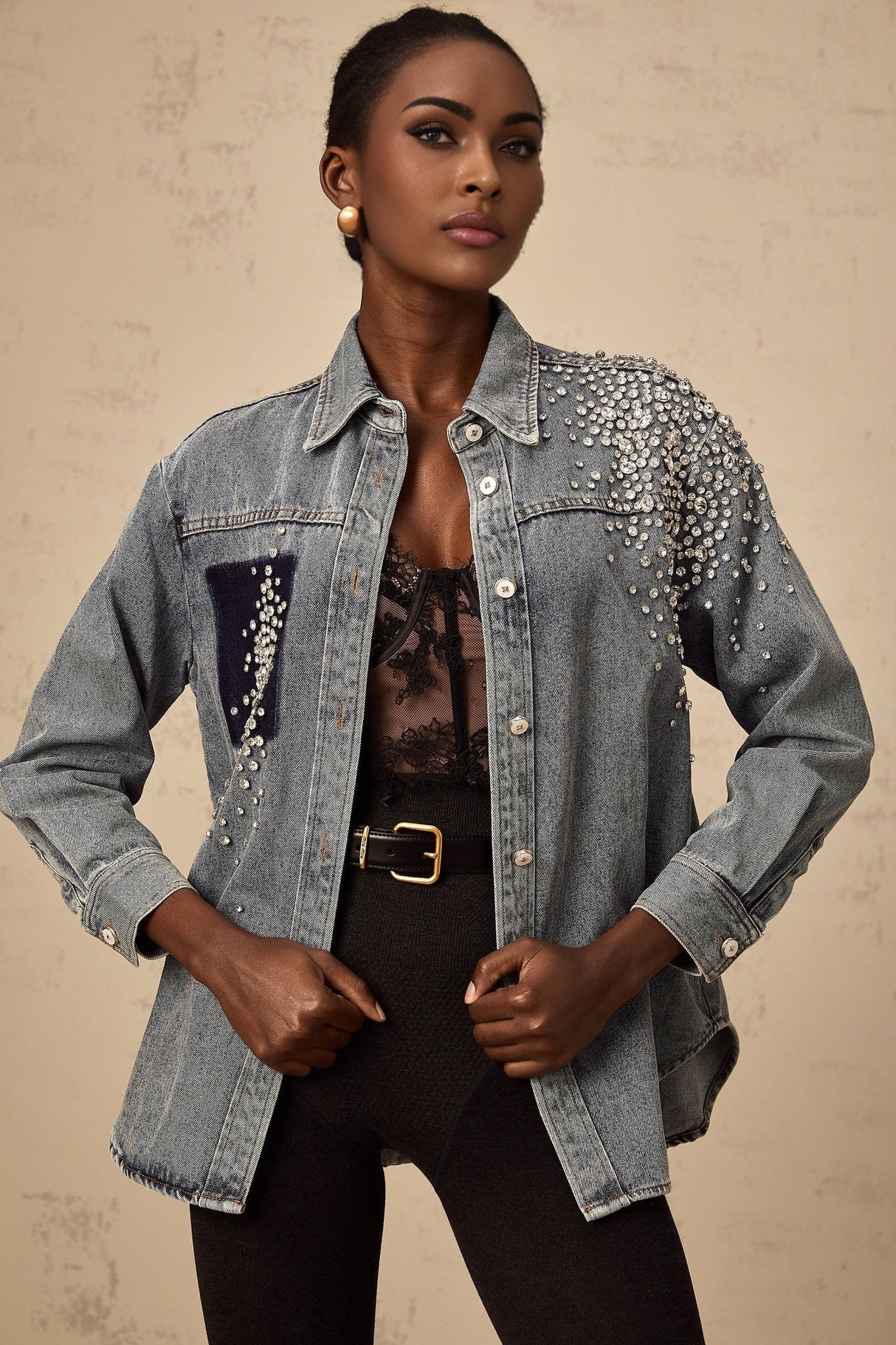 Maddalena Denim Shirt with Rhinestone Embellishments