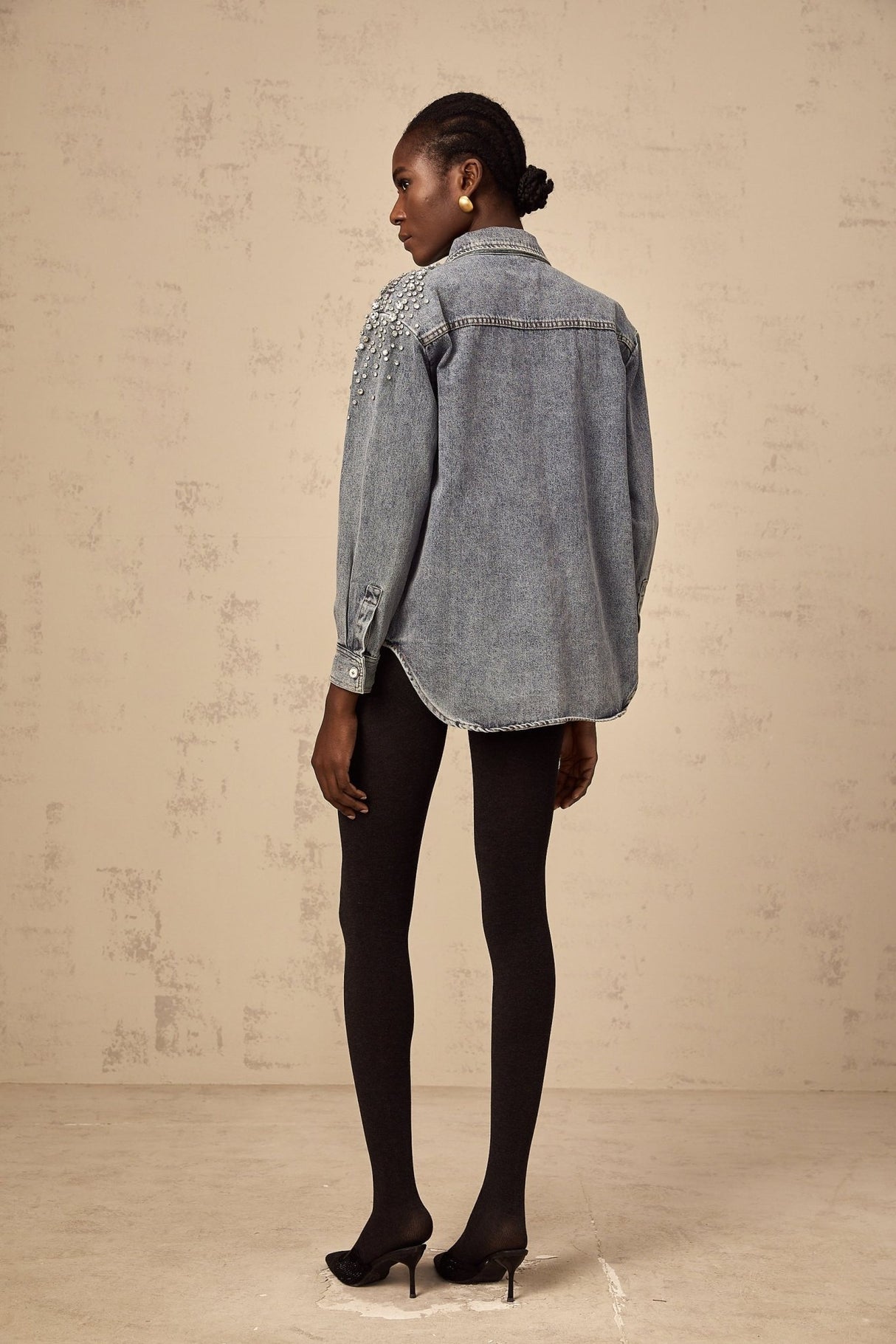 Maddalena Denim Shirt with Rhinestone Embellishments