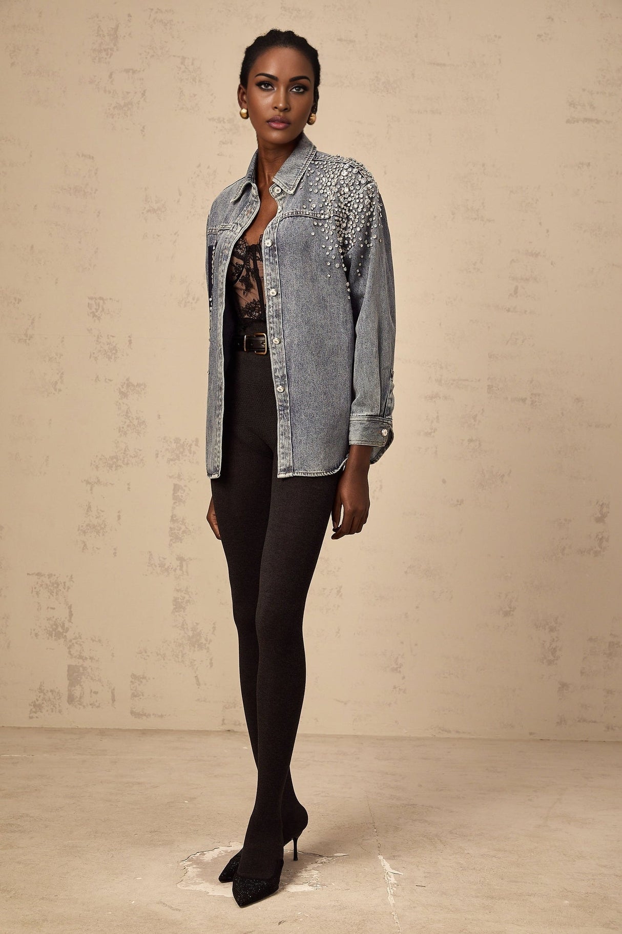 Maddalena Denim Shirt with Rhinestone Embellishments