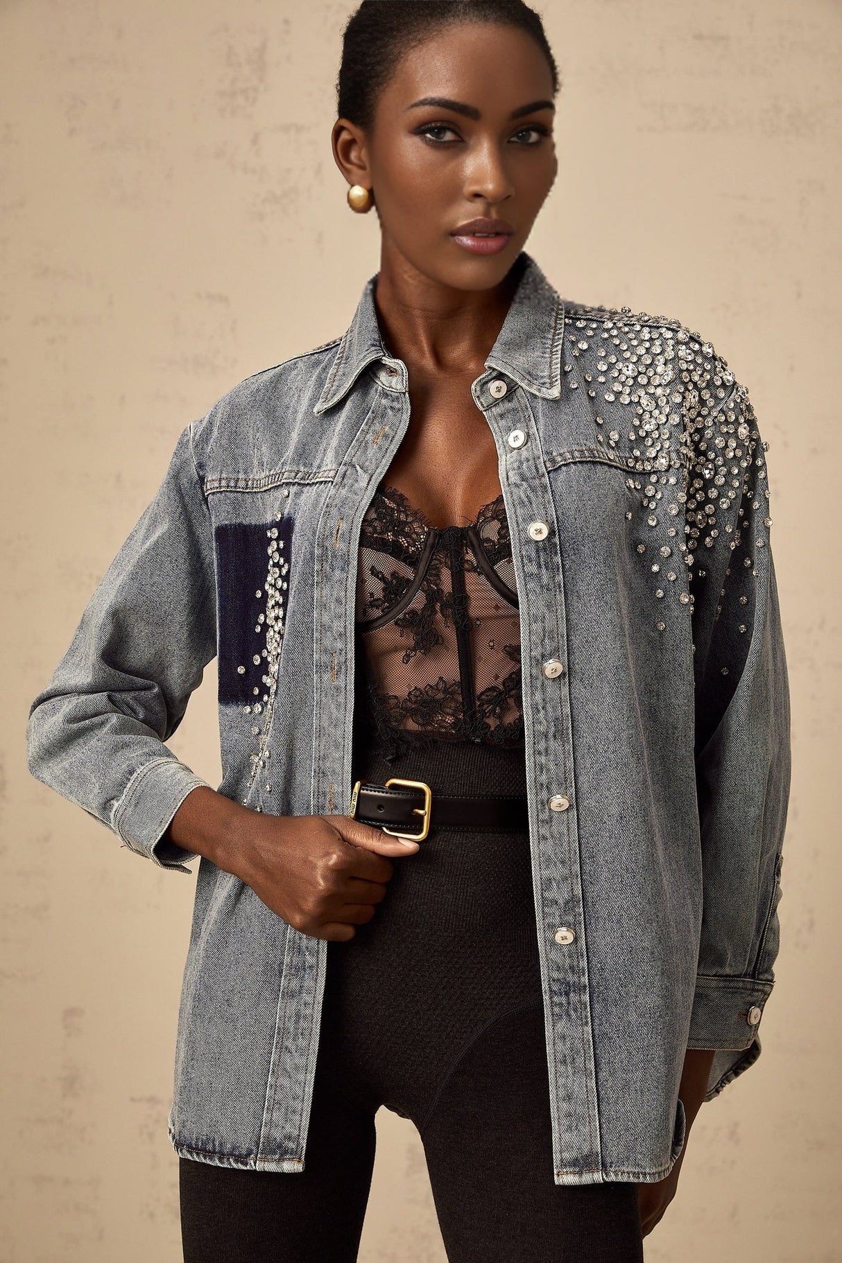 Maddalena Denim Shirt with Rhinestone Embellishments