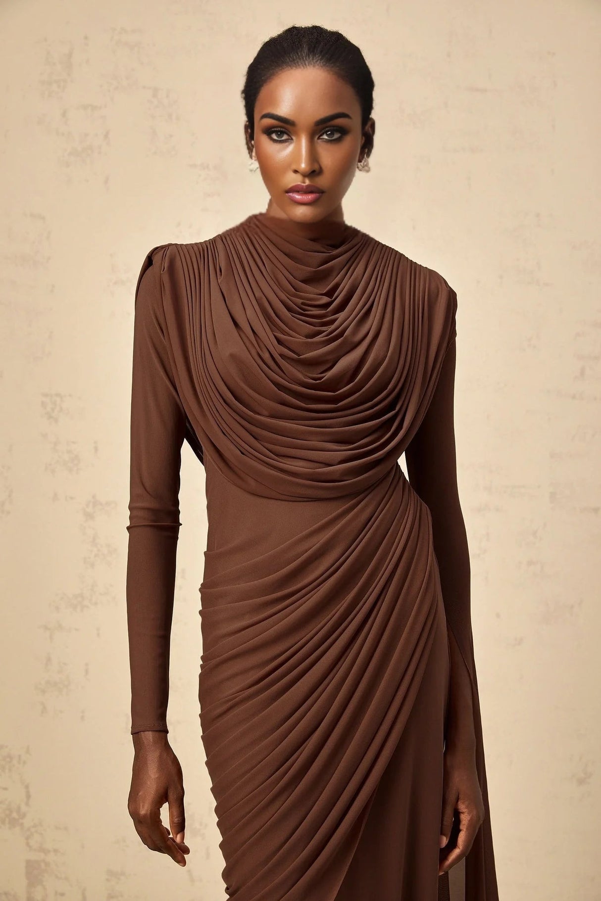 Maddalena Maxi Dress Brown Shirred Draped & Fitted